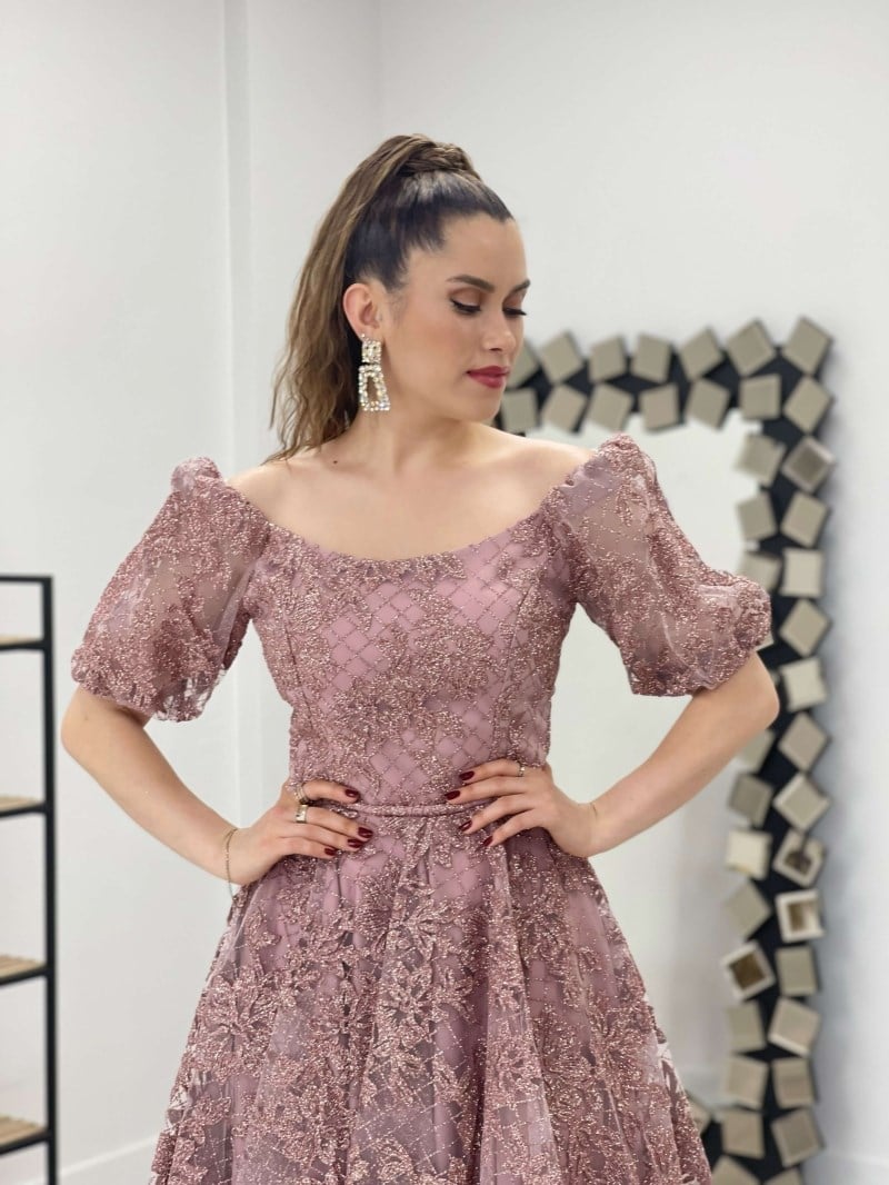 Simli Kumaş Kayık Yaka Elbise - GÜL KURUSU