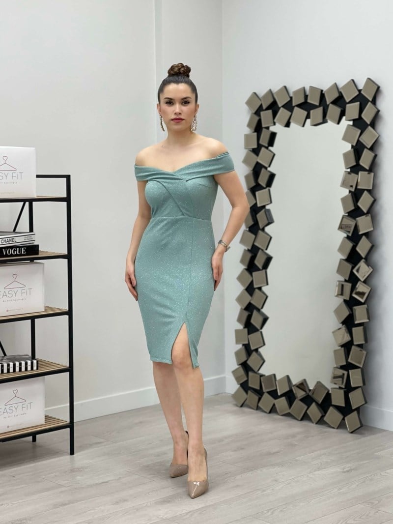 Simli Kumaş Kayık Yaka Elbise - MİNT YEŞİL