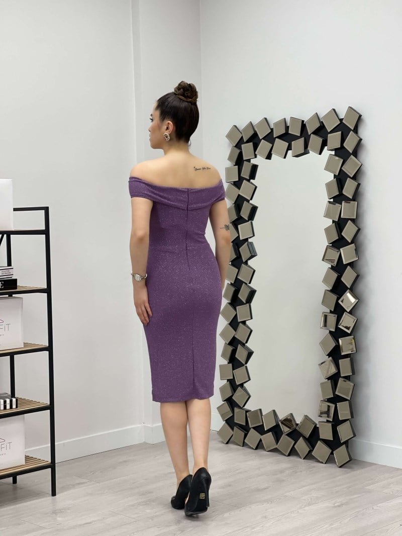 Simli Kumaş Kayık Yaka Elbise - MOR