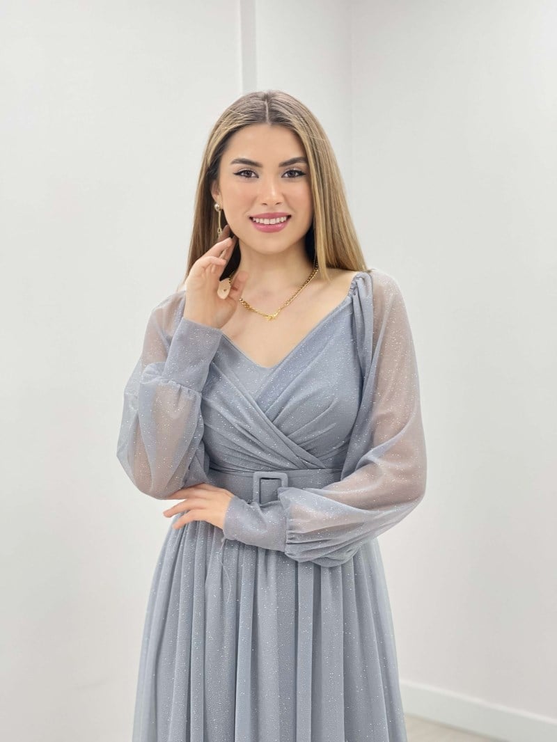 Simli Kumaş Kemerli Abiye Elbise - GRİ