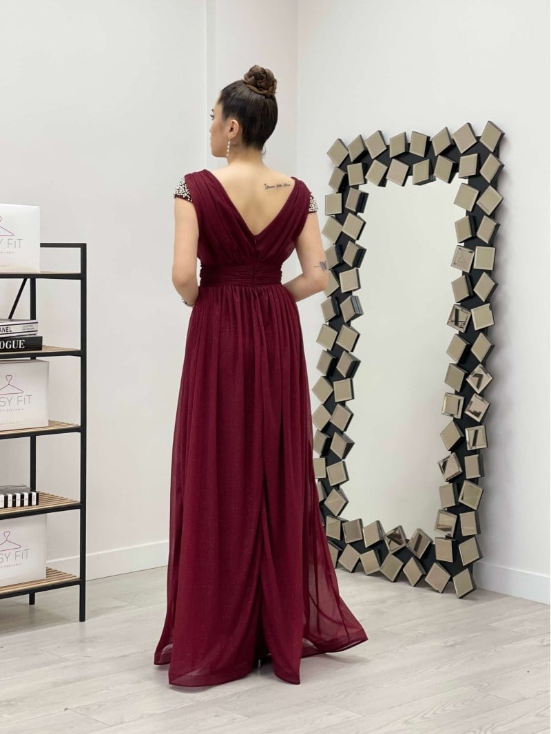Simli Kumaş Omuzları Taşlı Elbise - BORDO