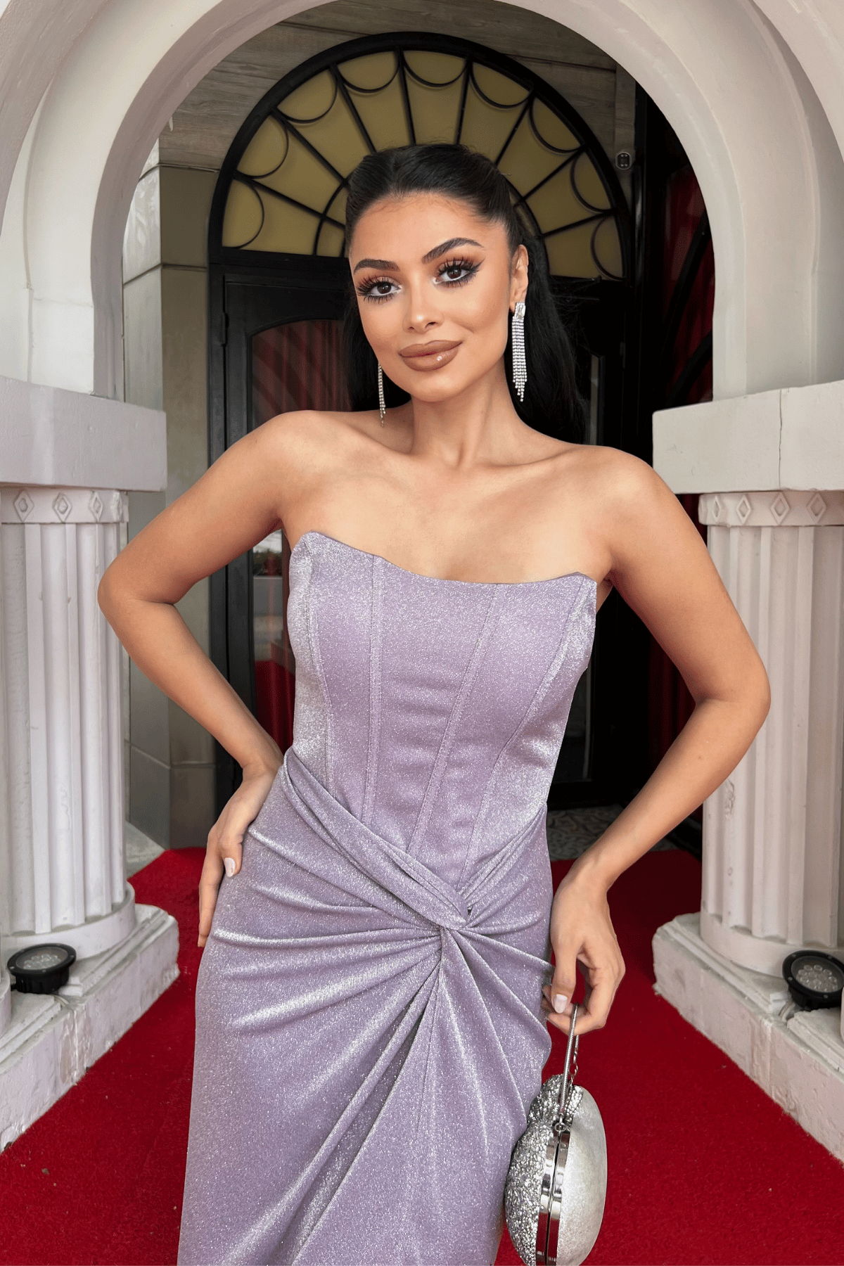 Simli Kumaş Straplez Balen Detaylı Abiye Elbise - PEMBE