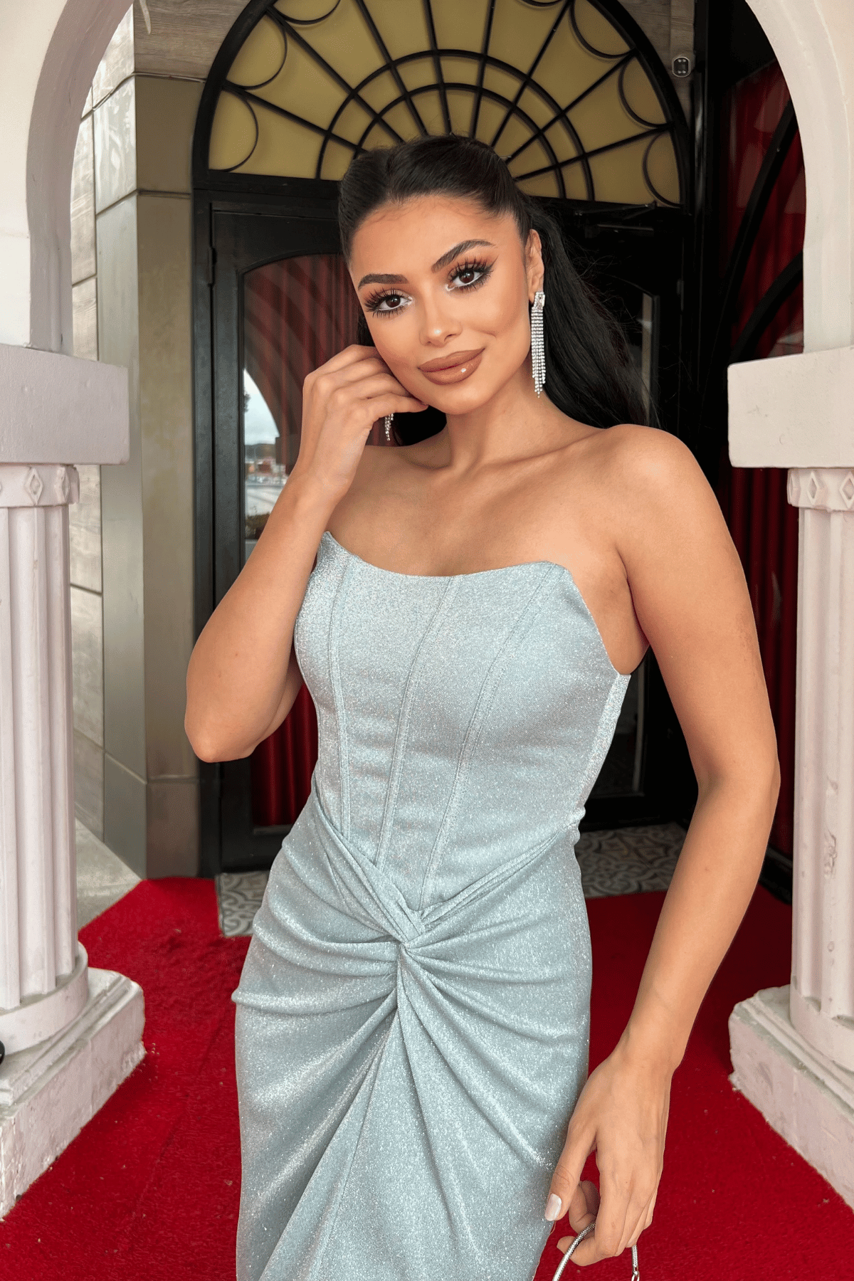 Simli Kumaş Straplez Balen Detaylı Abiye Elbise - MİNT YEŞİLİ