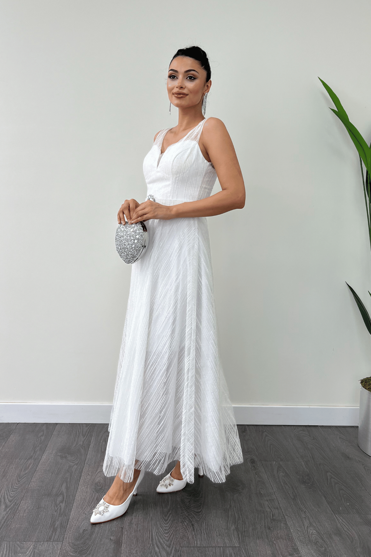 Simli Kumş Askılı Midi Elbise - BEYAZ