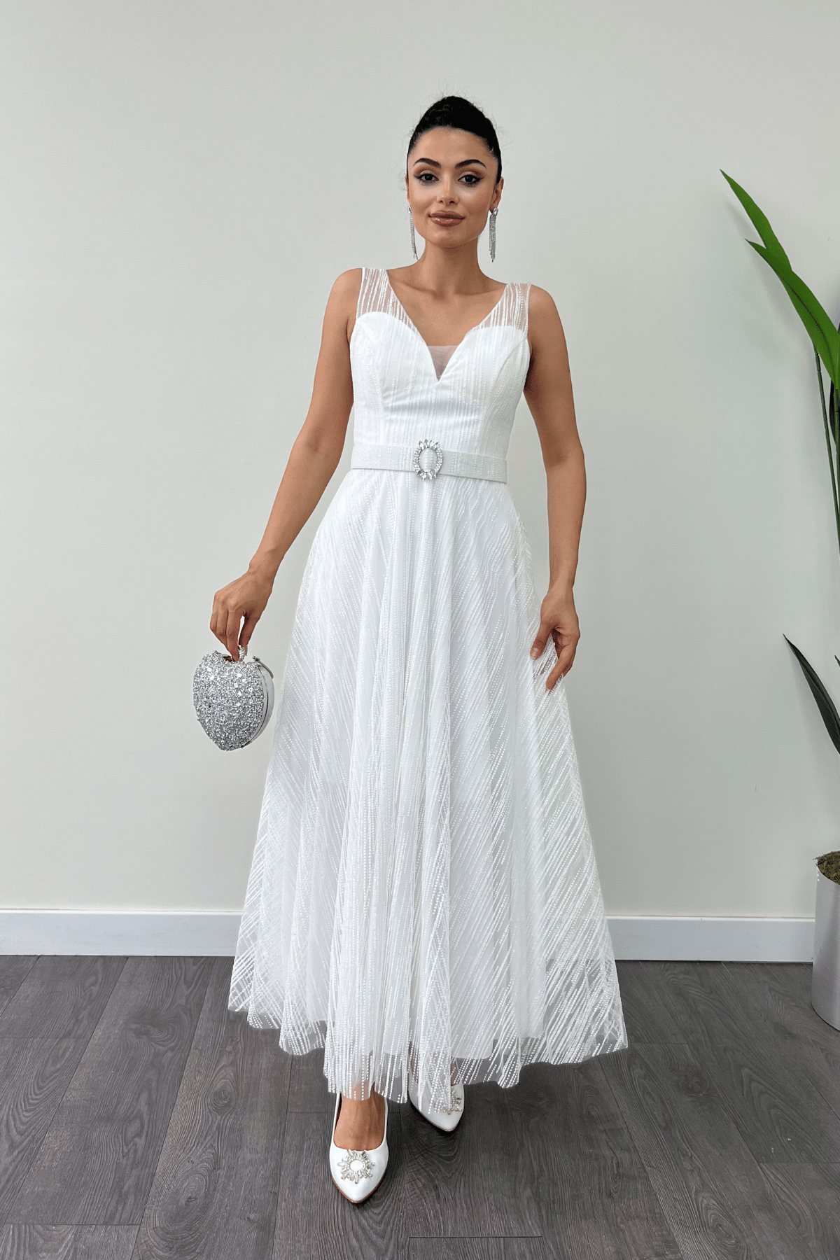 Simli Kumş Askılı Midi Elbise - BEYAZ