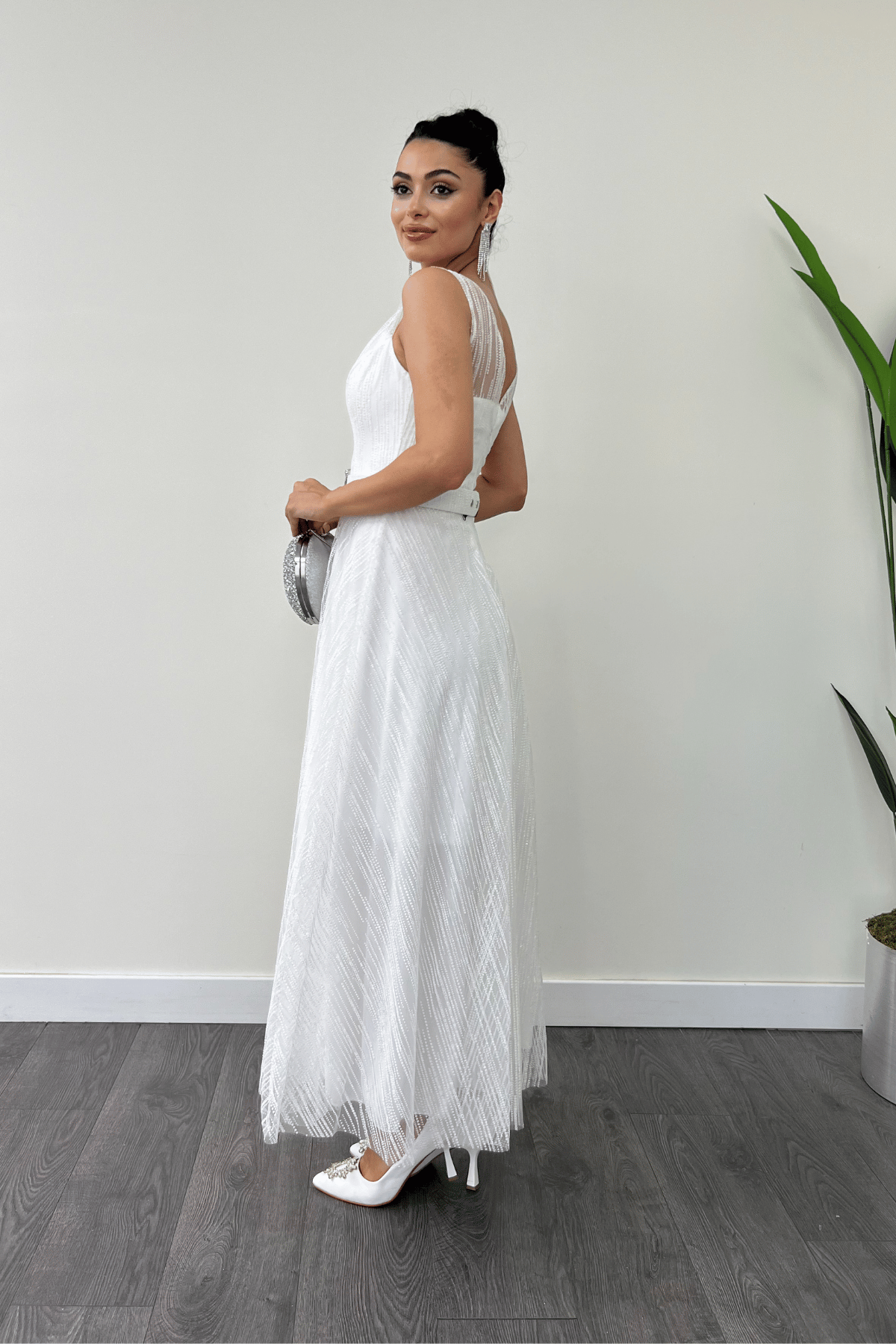 Simli Kumş Askılı Midi Elbise - BEYAZ