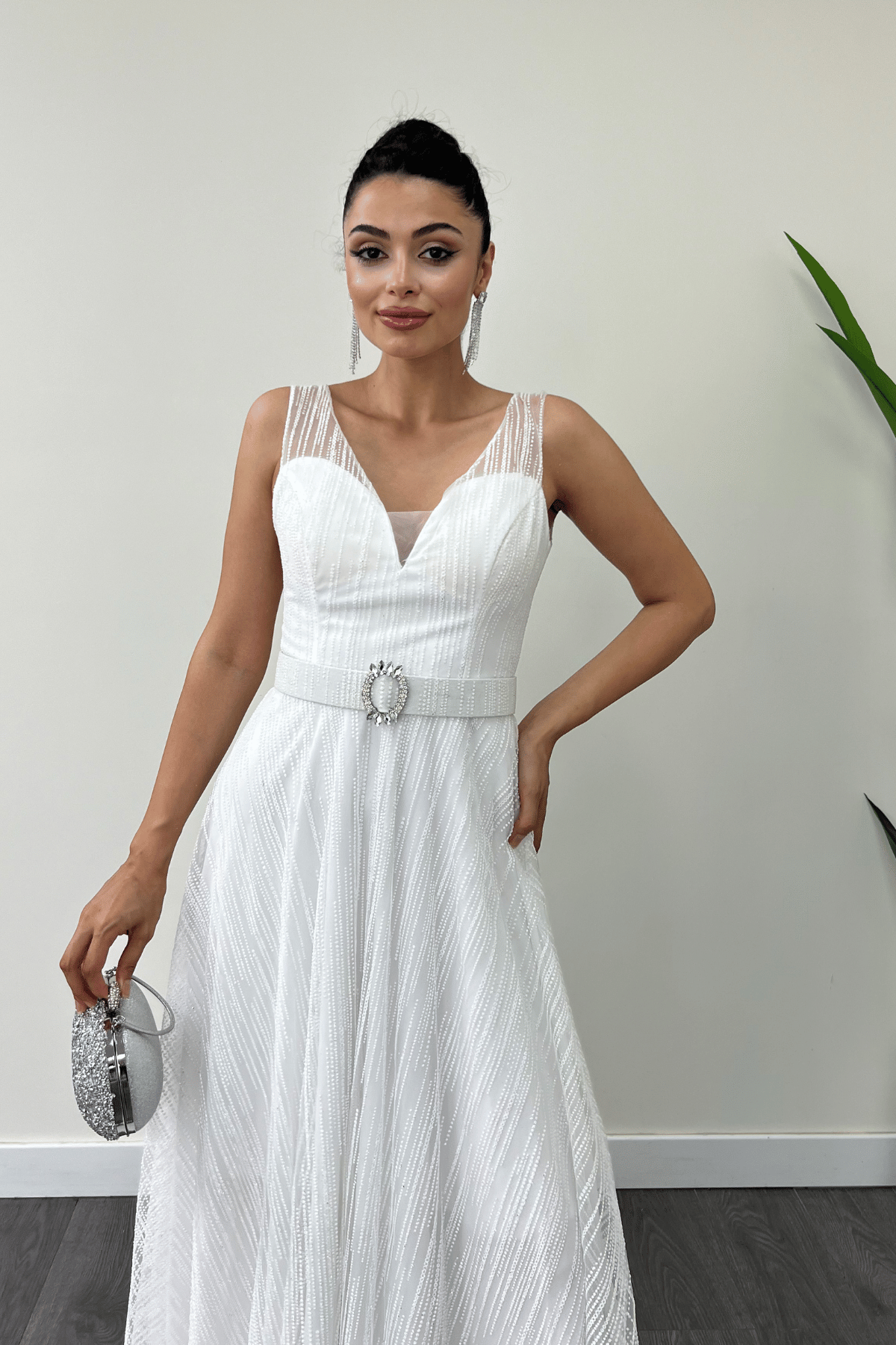 Simli Kumş Askılı Midi Elbise - BEYAZ