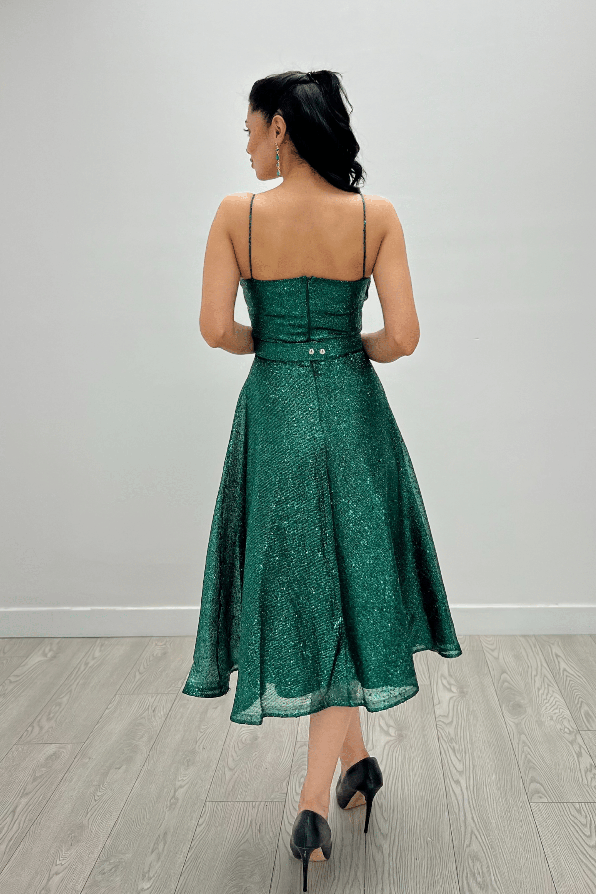 Simli Tül Kumaş Askılı Midi Elbise - ZÜMRÜT YEŞİL