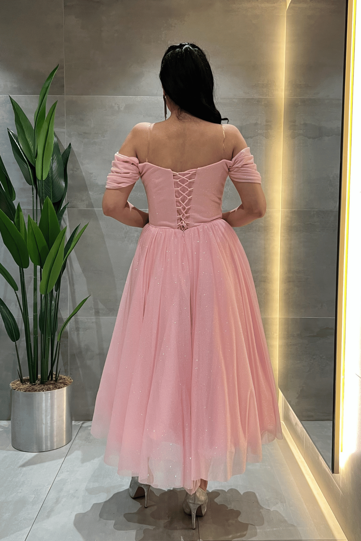 Simli Tül Kumaş Balen Detaylı Prenses Elbise - PEMBE