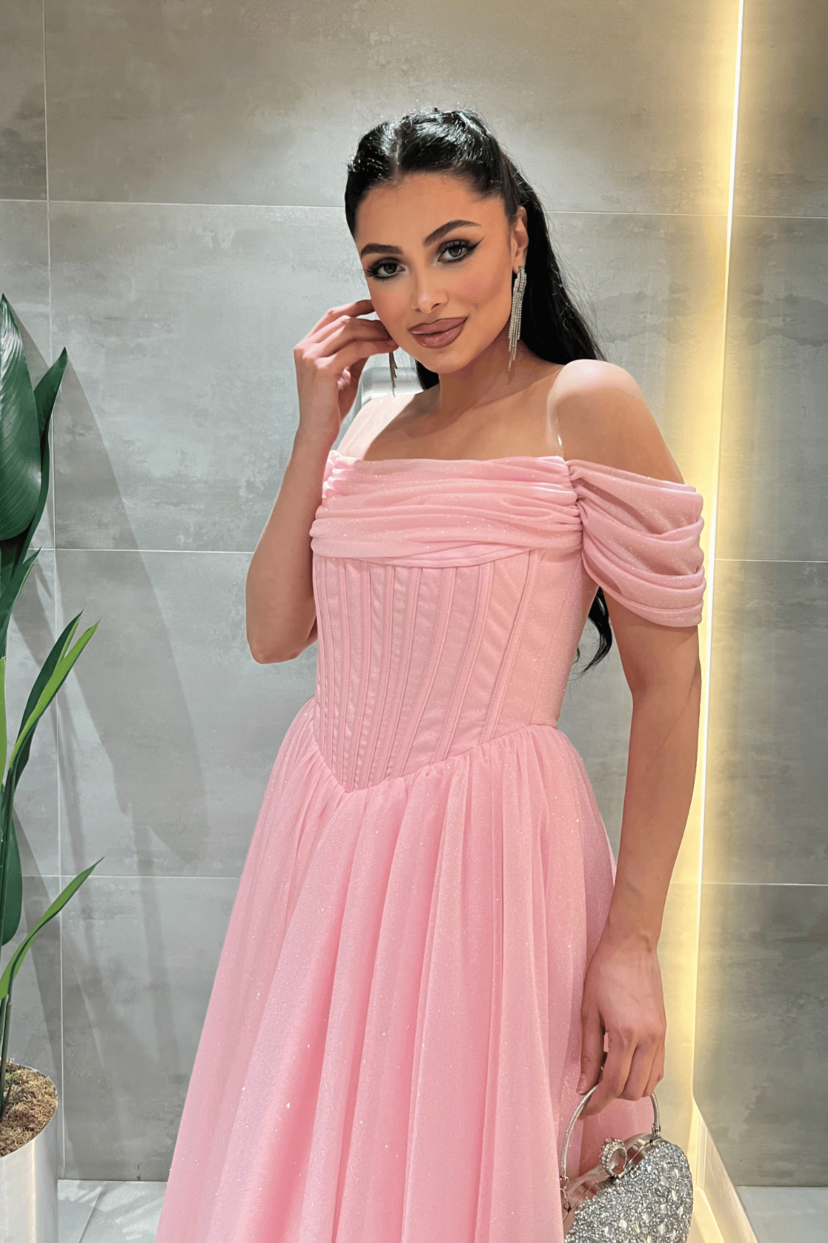 Simli Tül Kumaş Balen Detaylı Prenses Elbise - PEMBE
