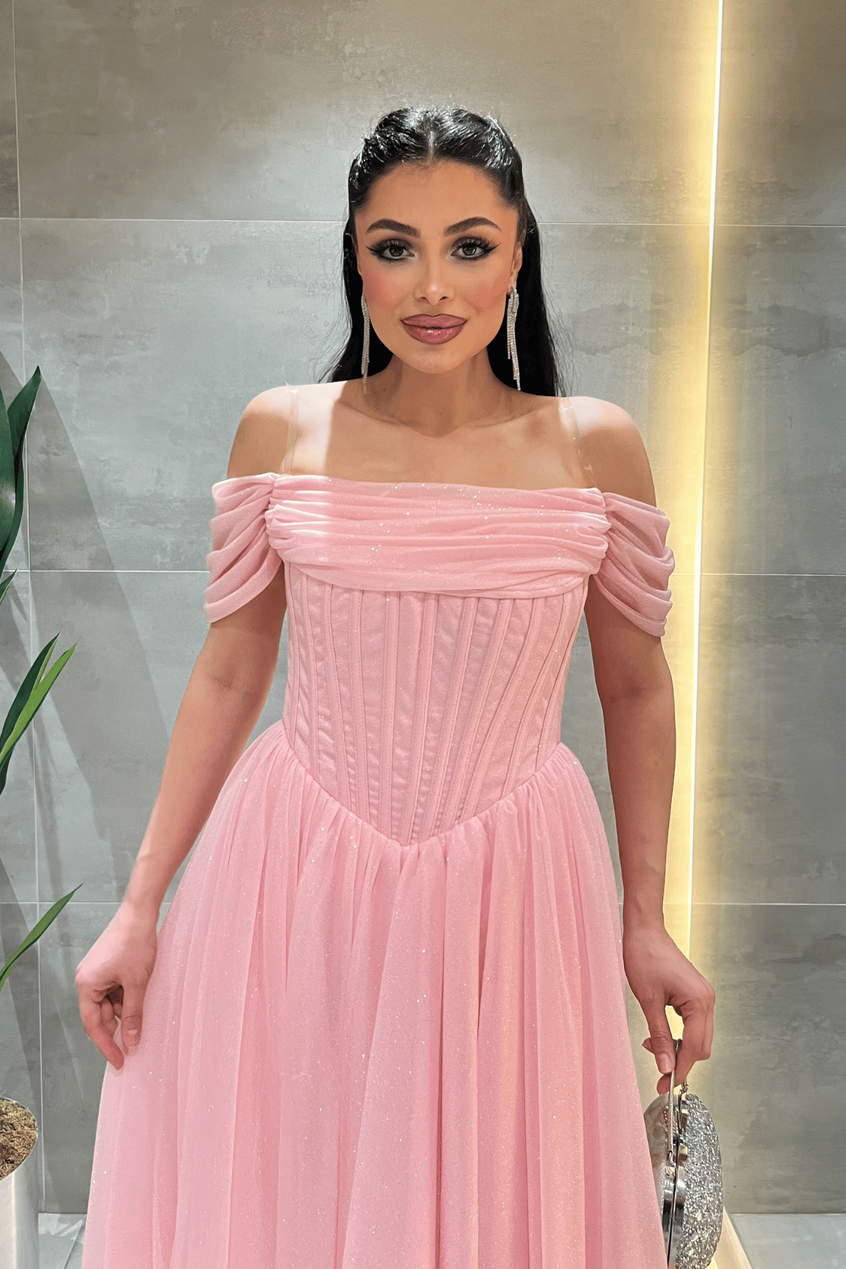 Simli Tül Kumaş Balen Detaylı Prenses Elbise - PEMBE