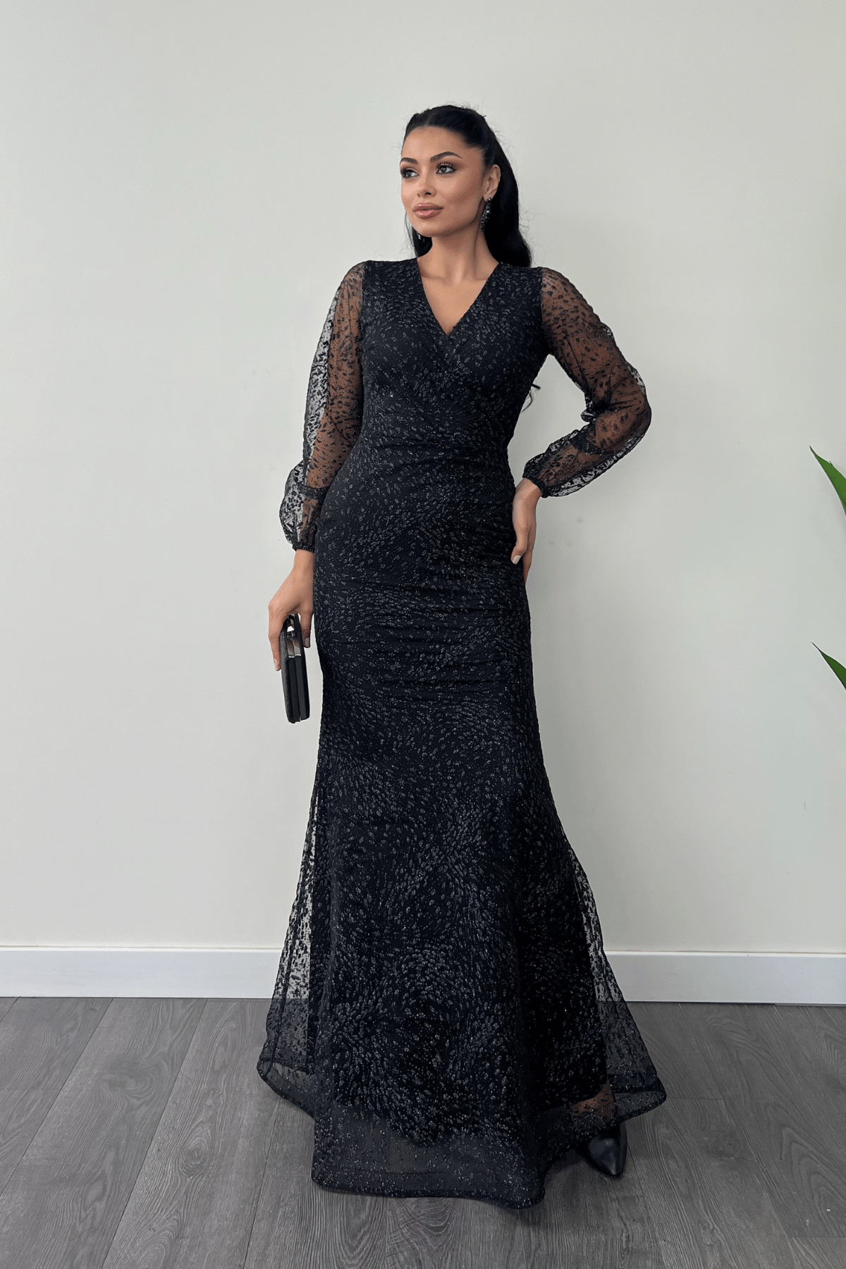 Simli Tül Kumaş Kruvaze Yaka Balık Elbise - SİYAH