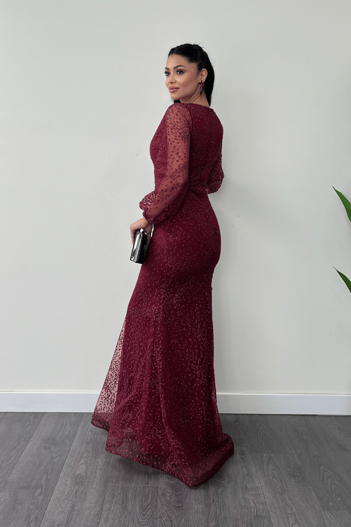 Simli Tül Kumaş Kruvaze Yaka Balık Elbise - BORDO