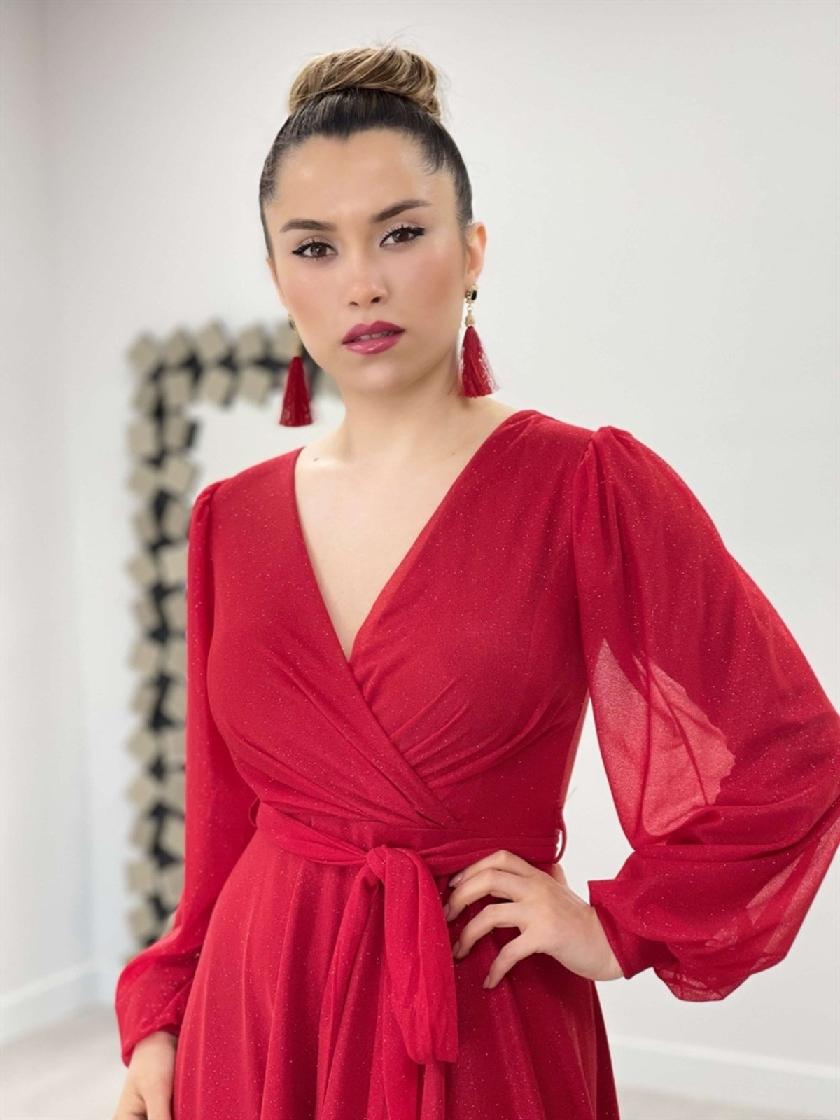 Silvery Tulle Fabric Belted Flared Dress - Red