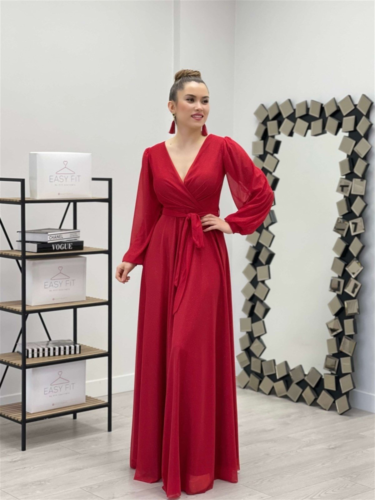 Silvery Tulle Fabric Belted Flared Dress - Red