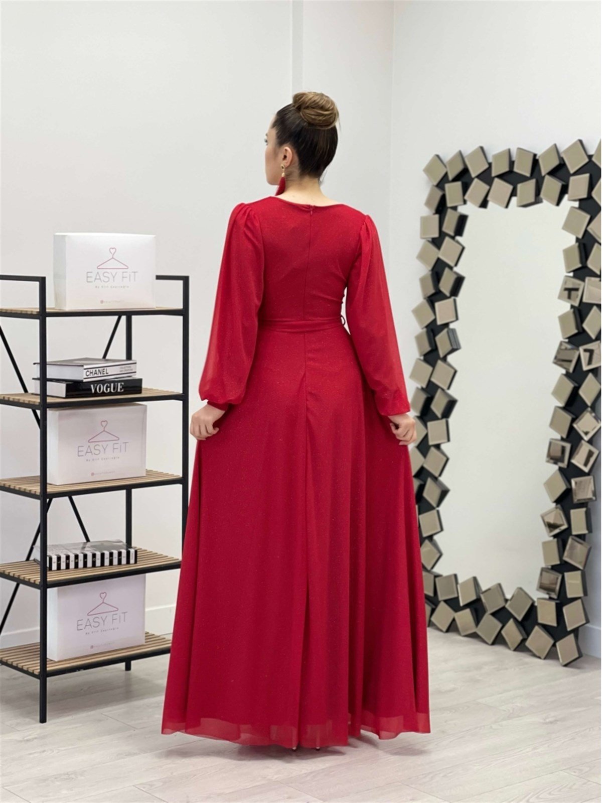 Silvery Tulle Fabric Belted Flared Dress - Red