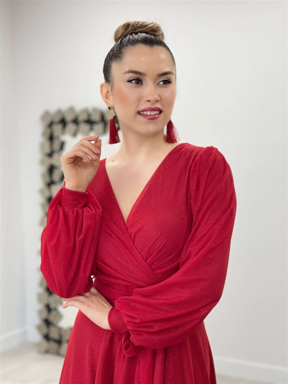 Silvery Tulle Fabric Belted Flared Dress - Red