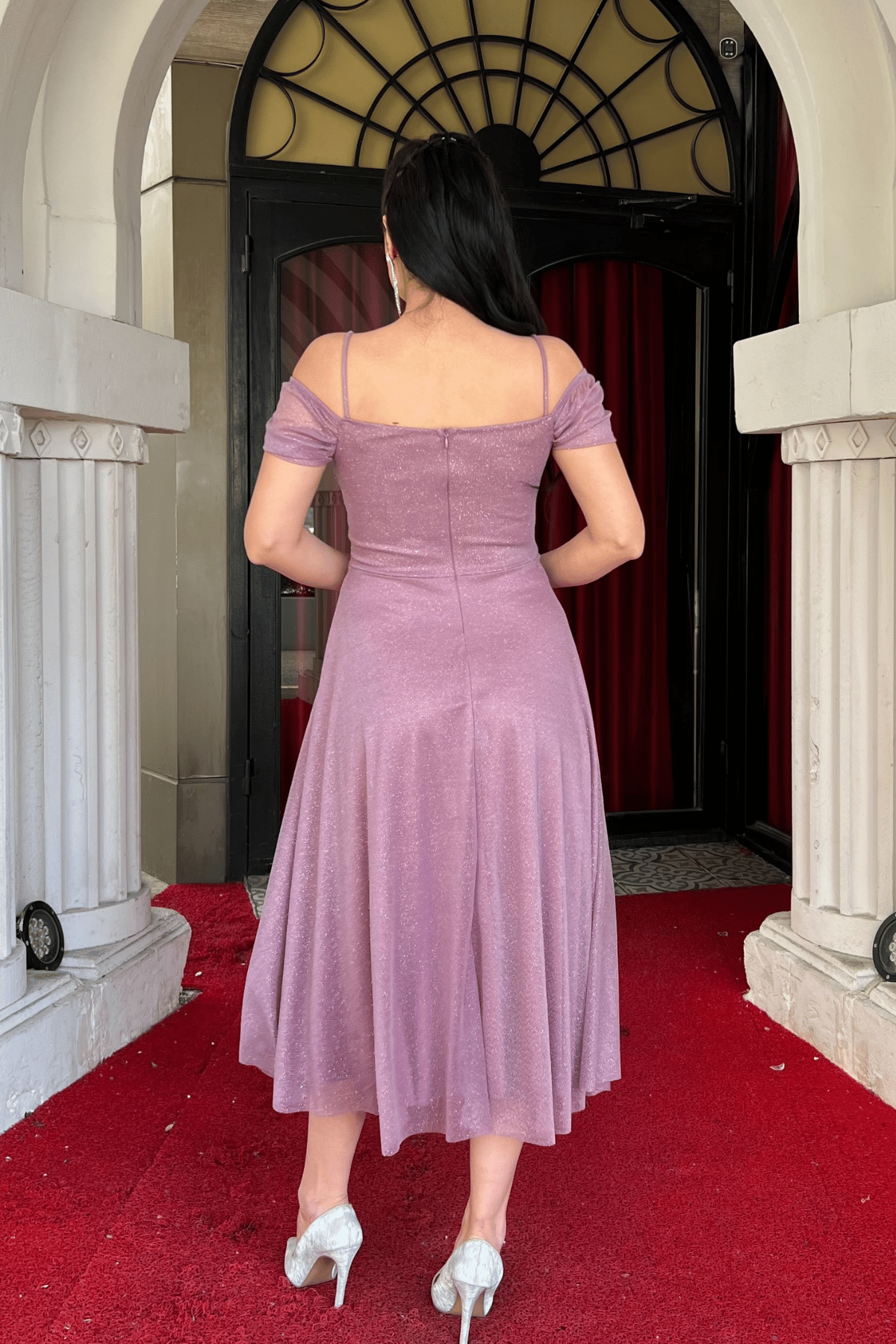 Simli Tül Kumaş Midi Boy Elbise - GÜL KURUSU