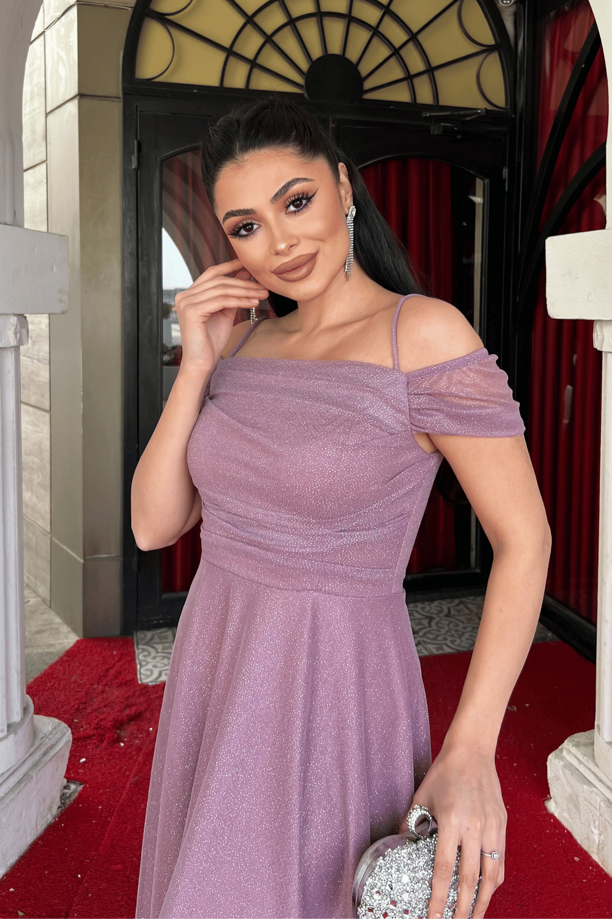 Simli Tül Kumaş Midi Boy Elbise - GÜL KURUSU