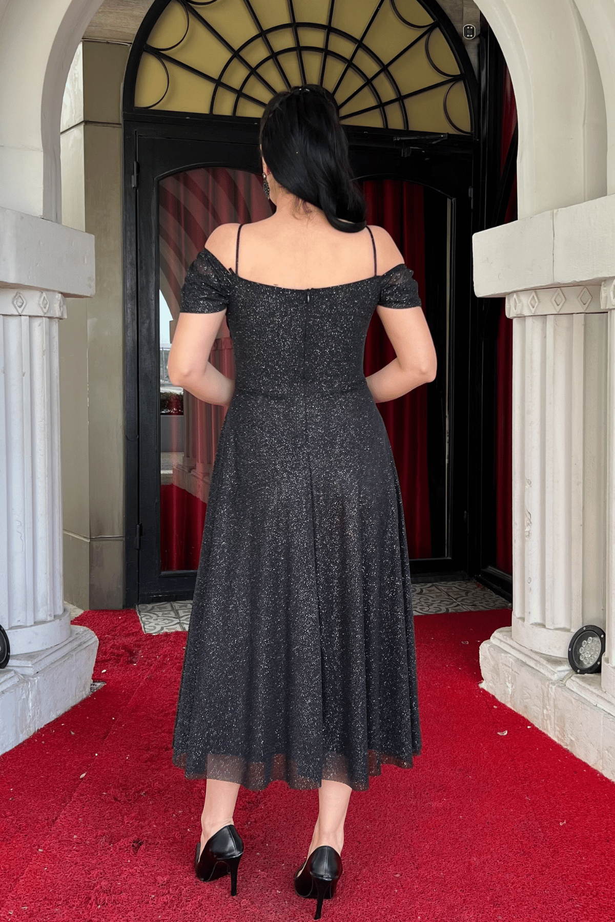 Simli Tül Kumaş Midi Boy Elbise - GÜMÜŞ