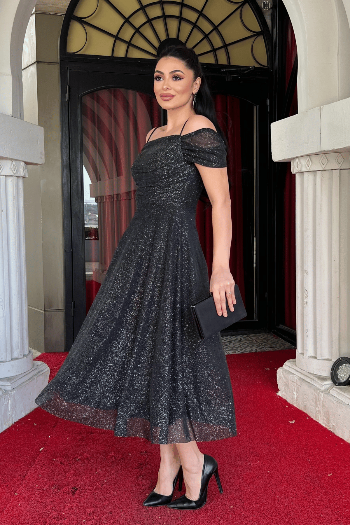 Simli Tül Kumaş Midi Boy Elbise - GÜMÜŞ