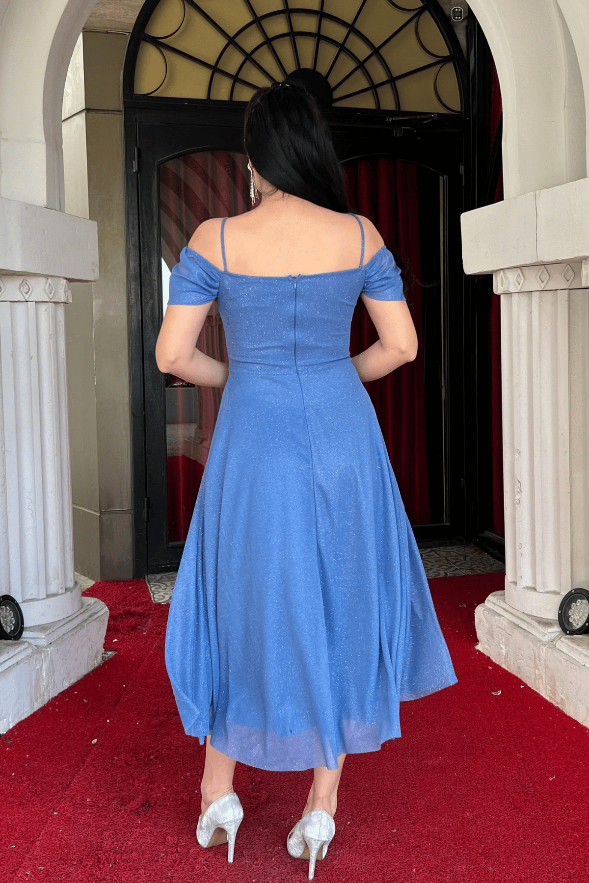 Simli Tül Kumaş Midi Boy Elbise - İNDİGO MAVİ