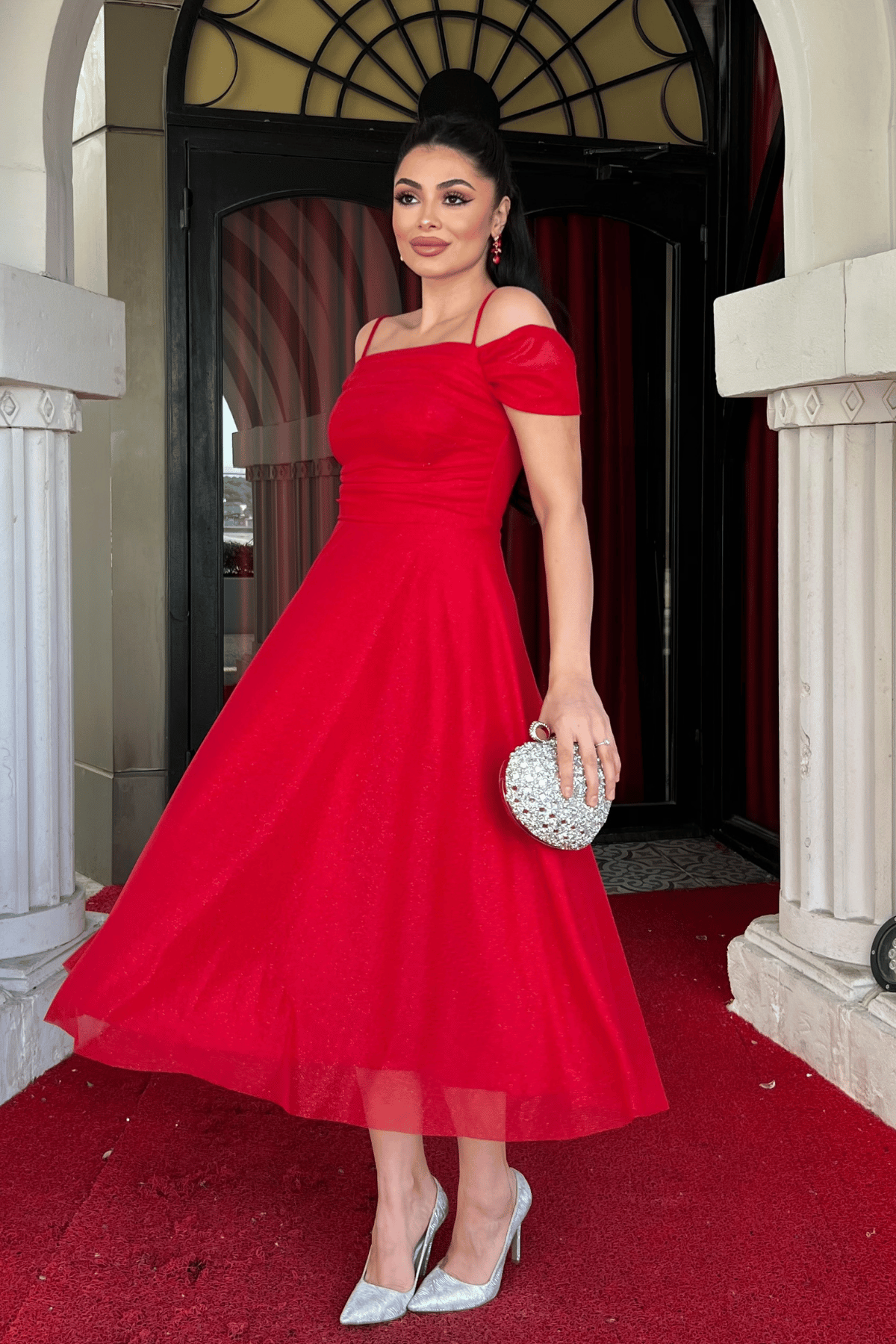 Simli Tül Kumaş Midi Boy Elbise - KIRMIZI