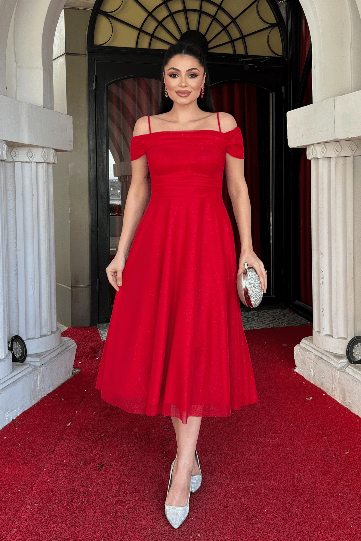 Simli Tül Kumaş Midi Boy Elbise - KIRMIZI