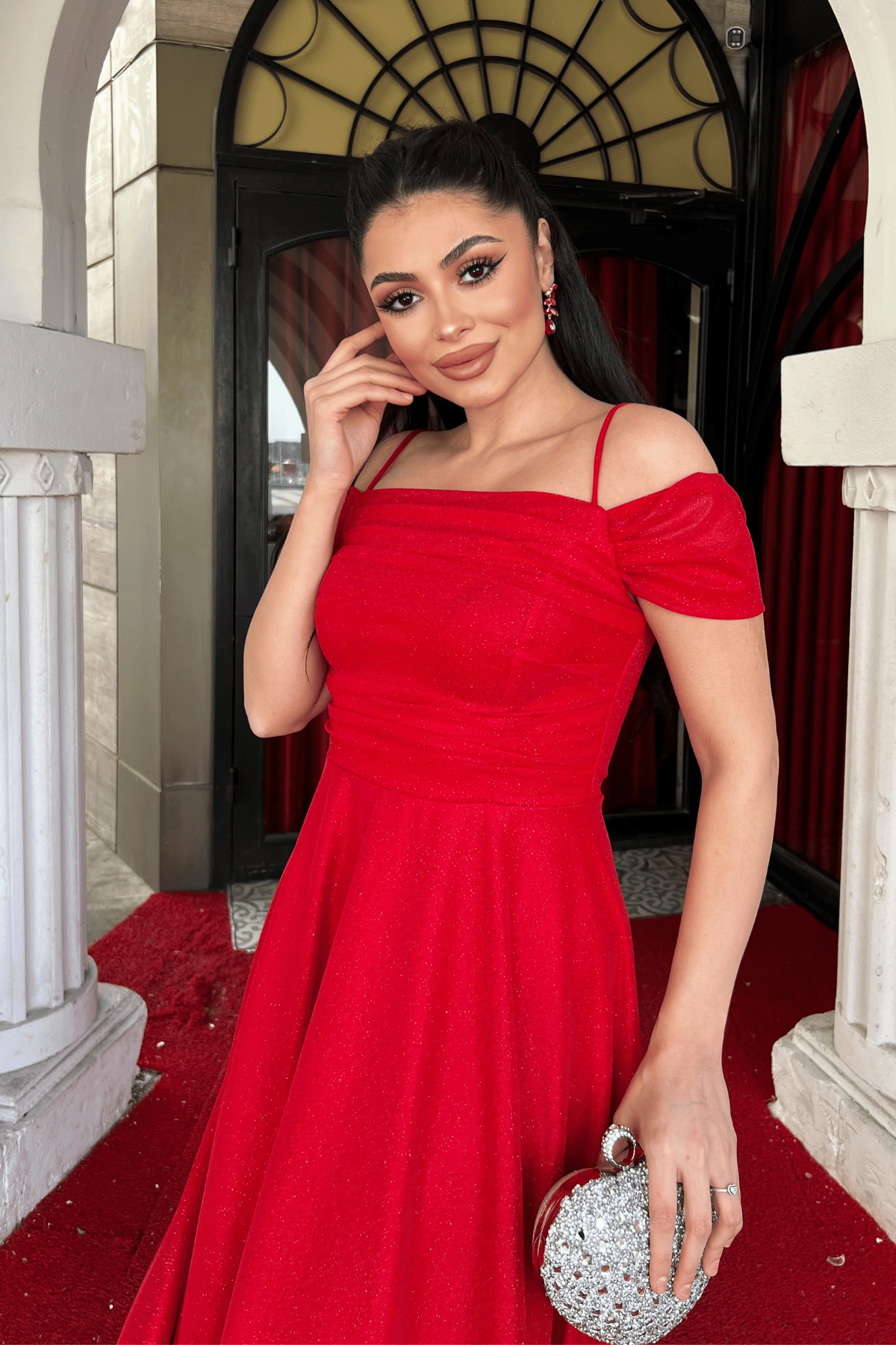 Simli Tül Kumaş Midi Boy Elbise - KIRMIZI