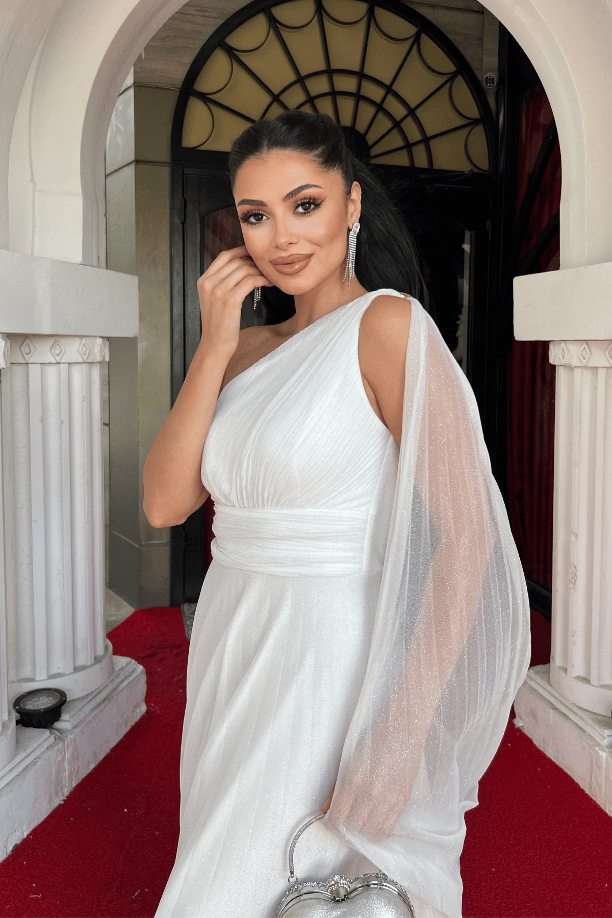 Simli Tül Kumaş Plise Detaylı Abiye Elbise - BEYAZ