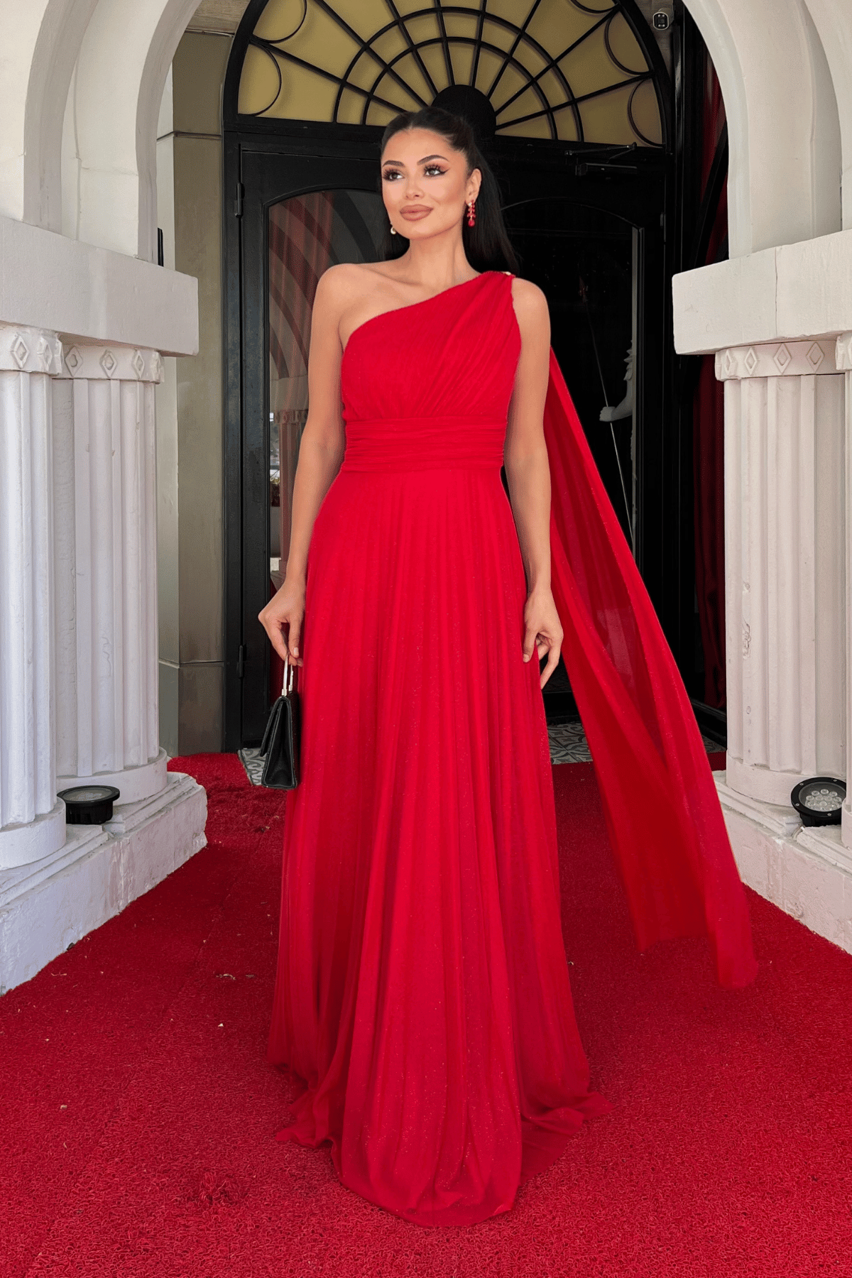 Simli Tül Kumaş Plise Detaylı Abiye Elbise - KIRMIZI