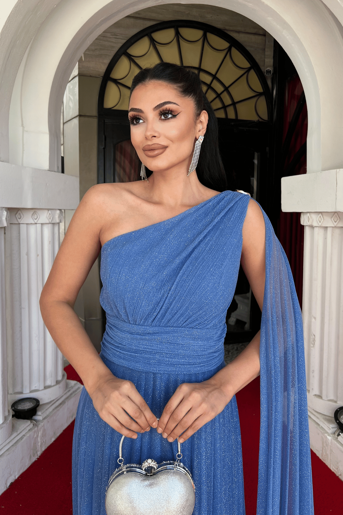 Simli Tül Kumaş Plise Detaylı Abiye Elbise - İNDİGO MAVİ