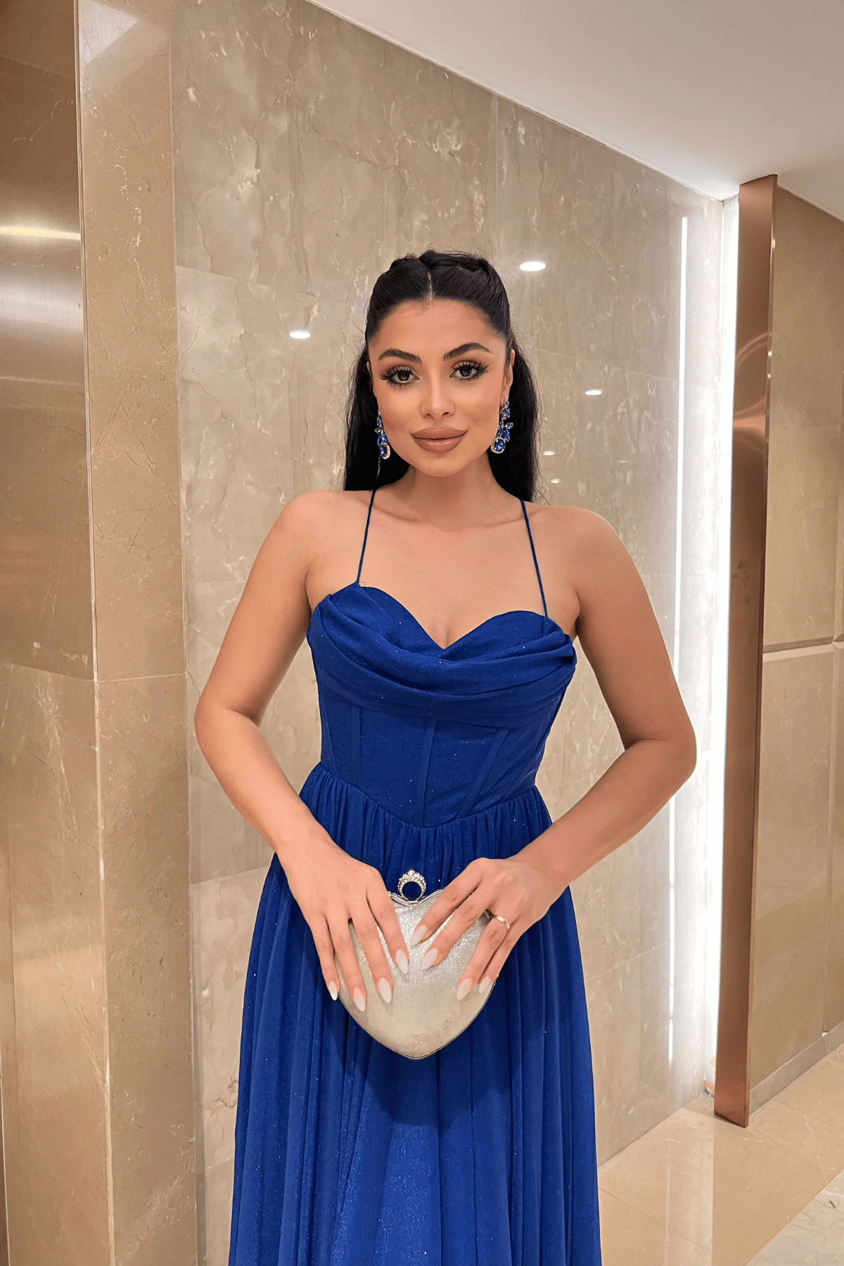 Simli Tül Kumaş Sırt İpli Abiye Elbise - SAKS MAVİ