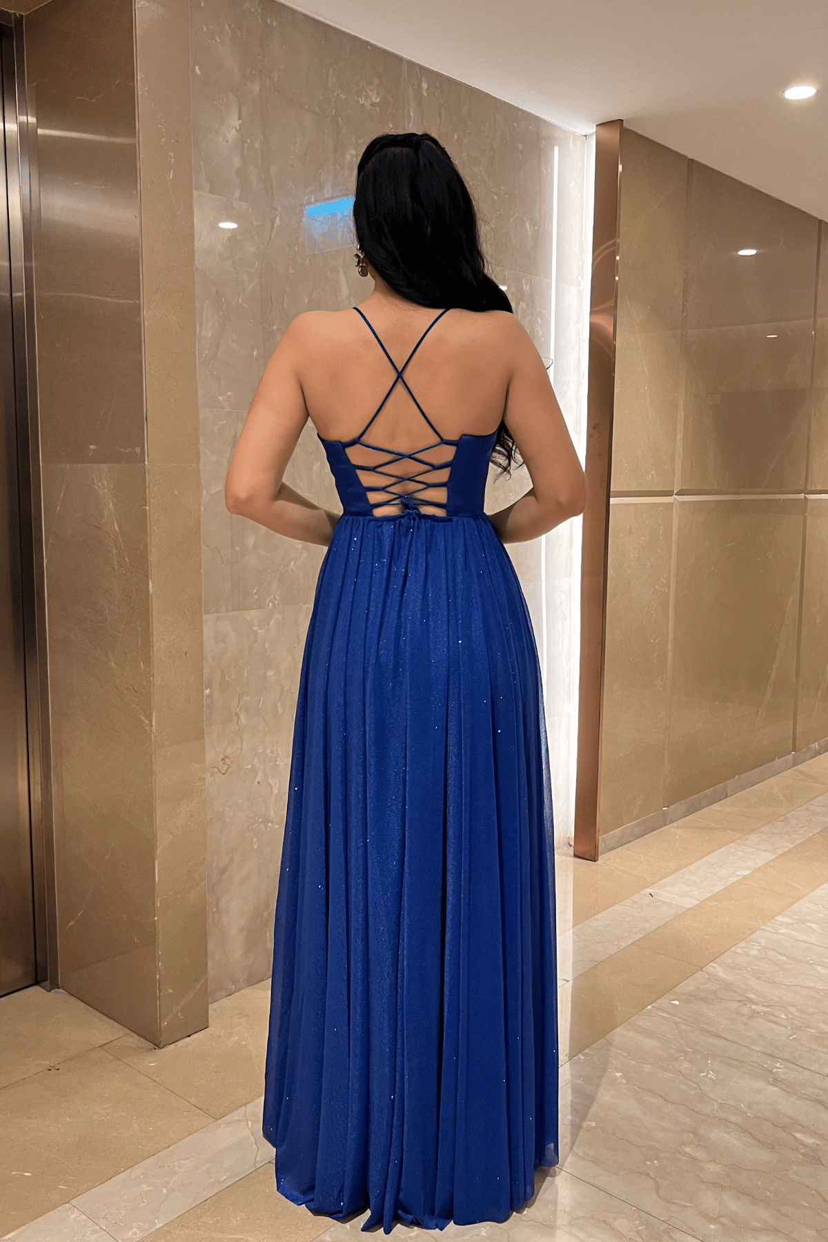 Simli Tül Kumaş Sırt İpli Abiye Elbise - SAKS MAVİ