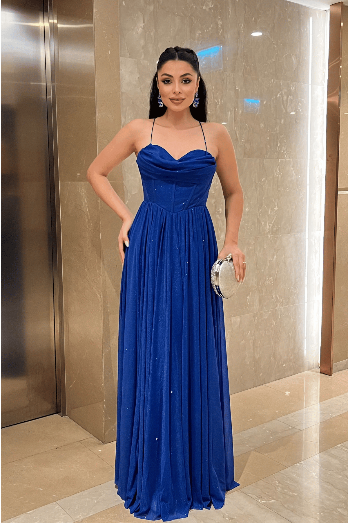 Simli Tül Kumaş Sırt İpli Abiye Elbise - SAKS MAVİ