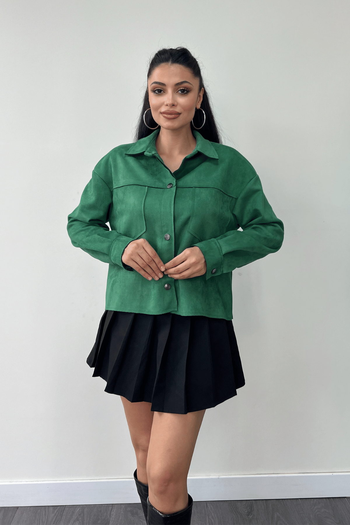 Süet Kumaş Düğme Detaylı Ceket - YEŞİL