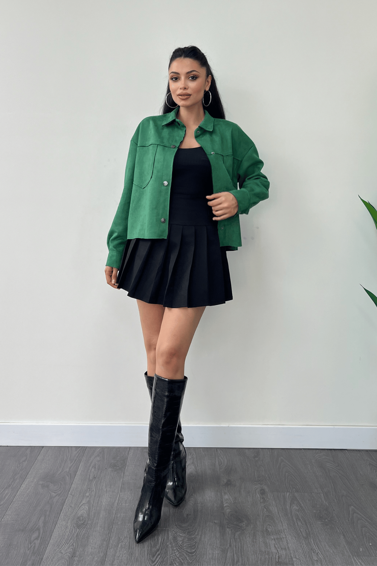 Süet Kumaş Düğme Detaylı Ceket - YEŞİL
