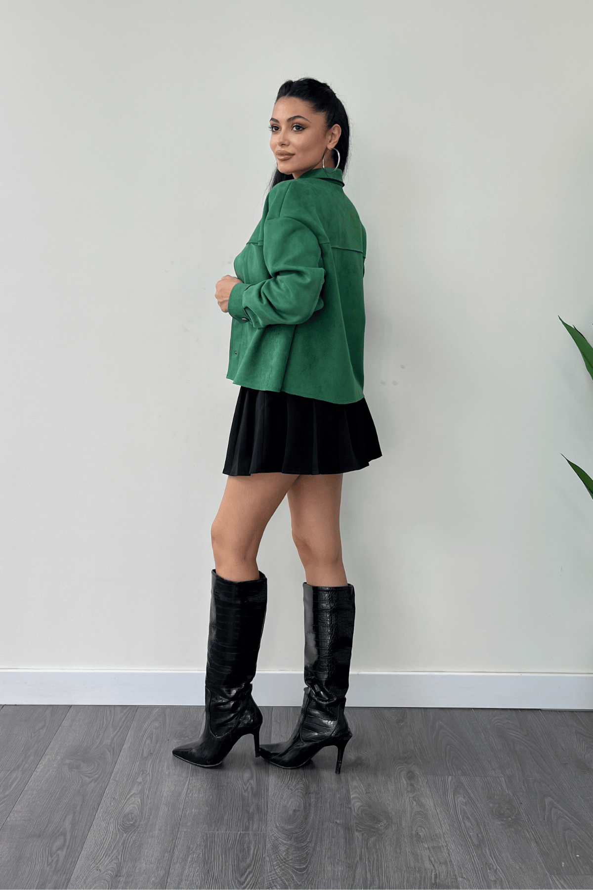 Süet Kumaş Düğme Detaylı Ceket - YEŞİL