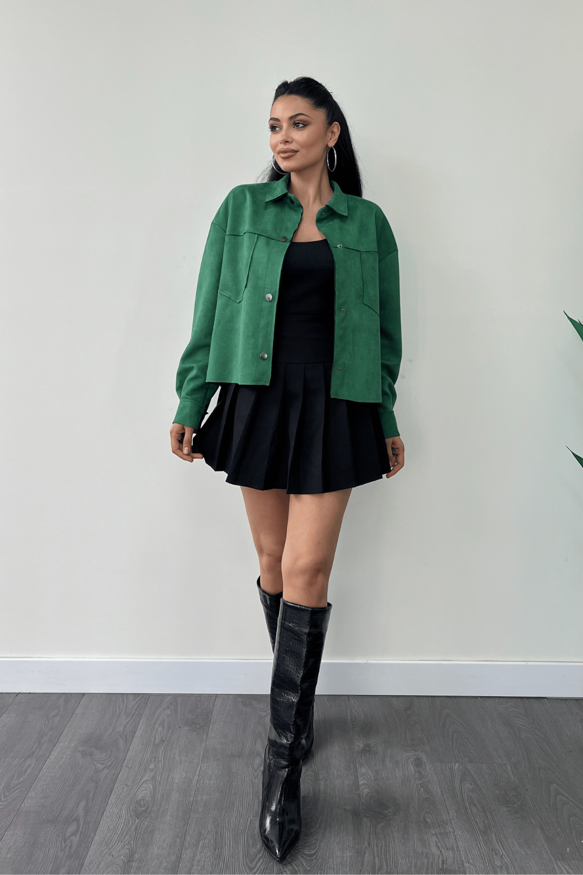 Süet Kumaş Düğme Detaylı Ceket - YEŞİL