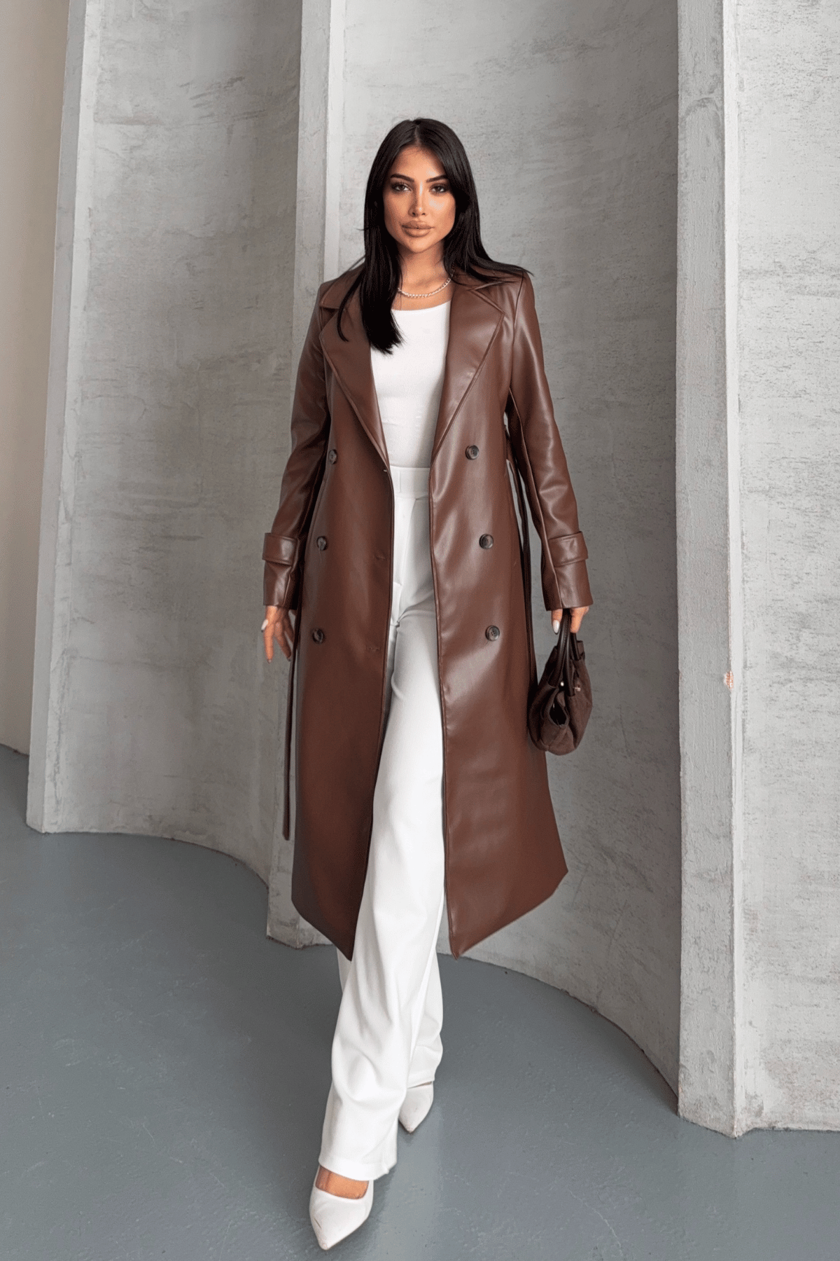 Suni Deri Kumaş Ceket - KAHVERENGİ