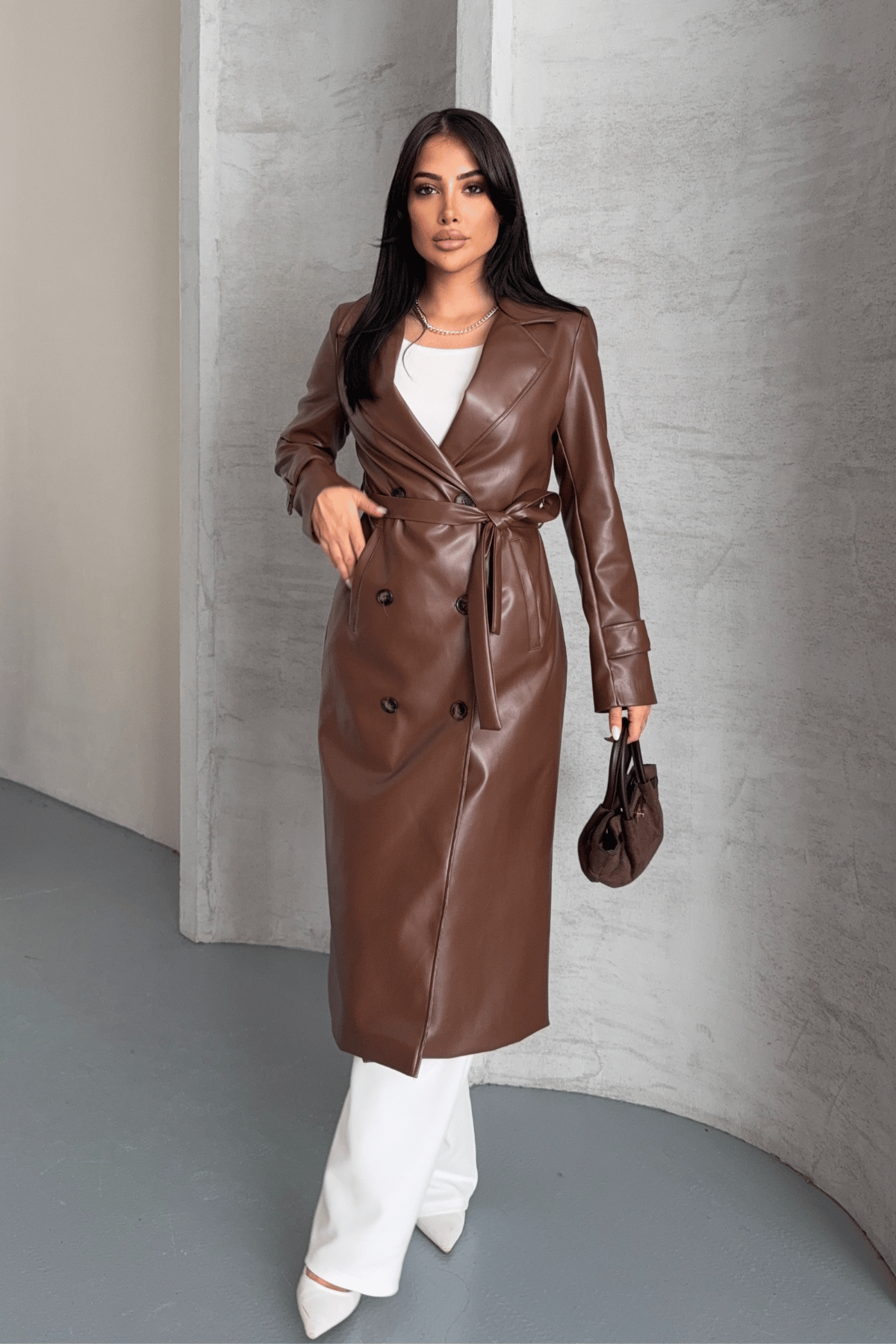 Suni Deri Kumaş Ceket - KAHVERENGİ