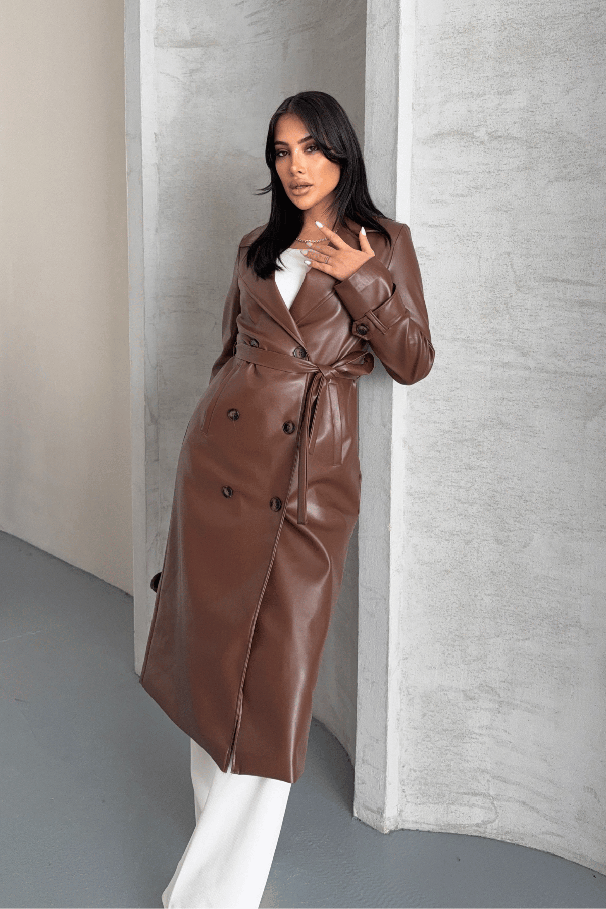 Suni Deri Kumaş Ceket - KAHVERENGİ