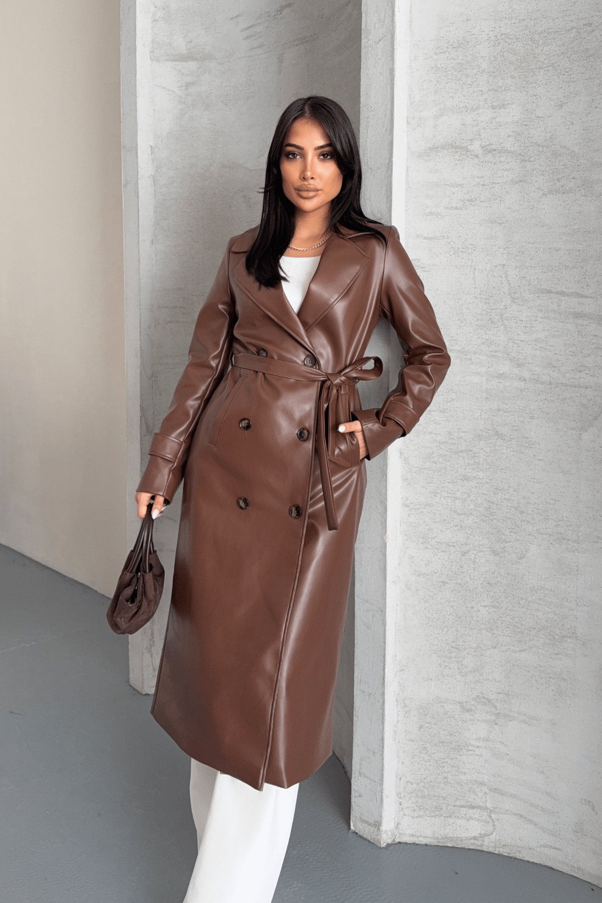 Suni Deri Kumaş Ceket - KAHVERENGİ