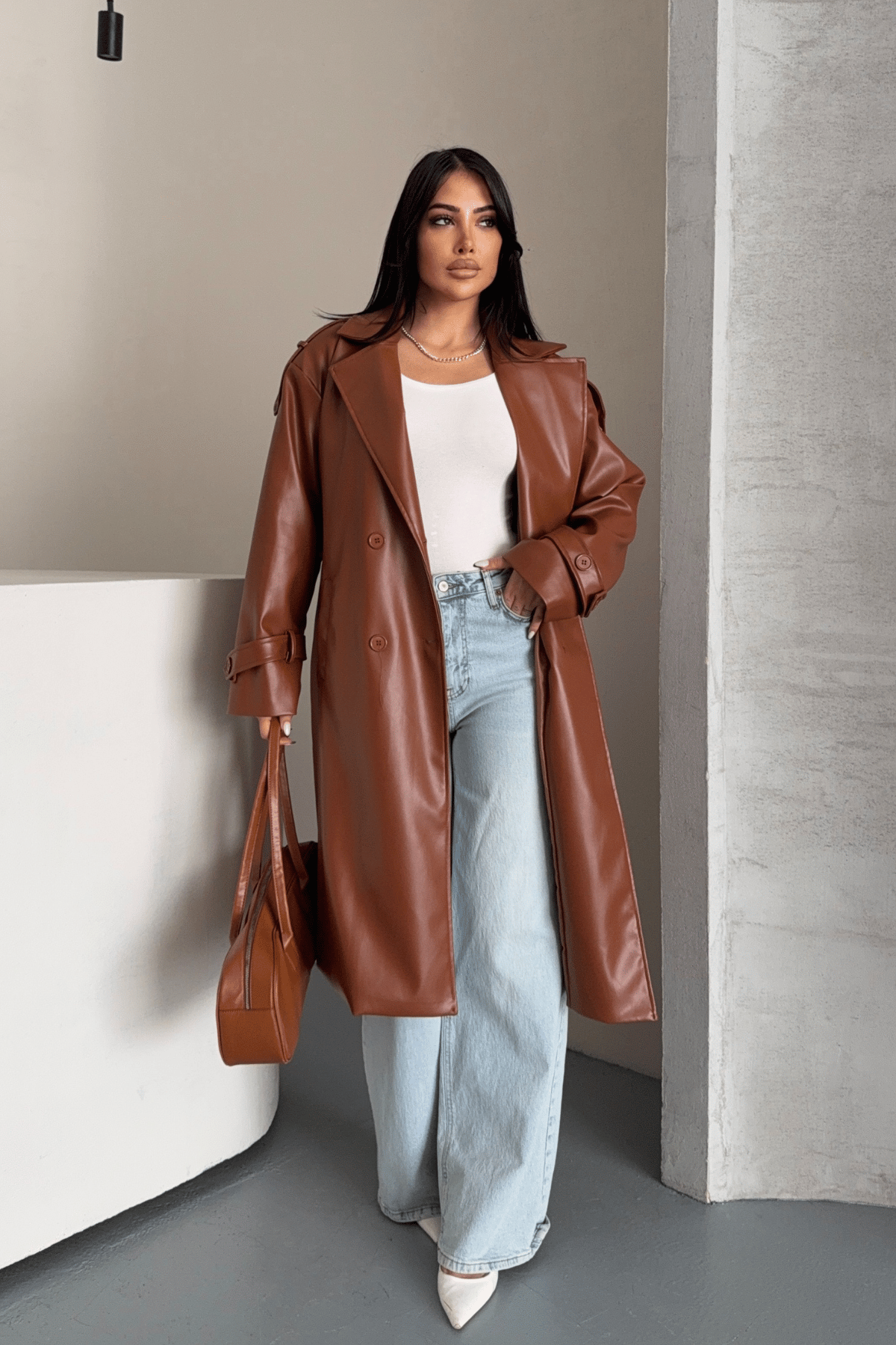 Suni Deri Kumaş Kısa Ceket - AÇIK KAHVE