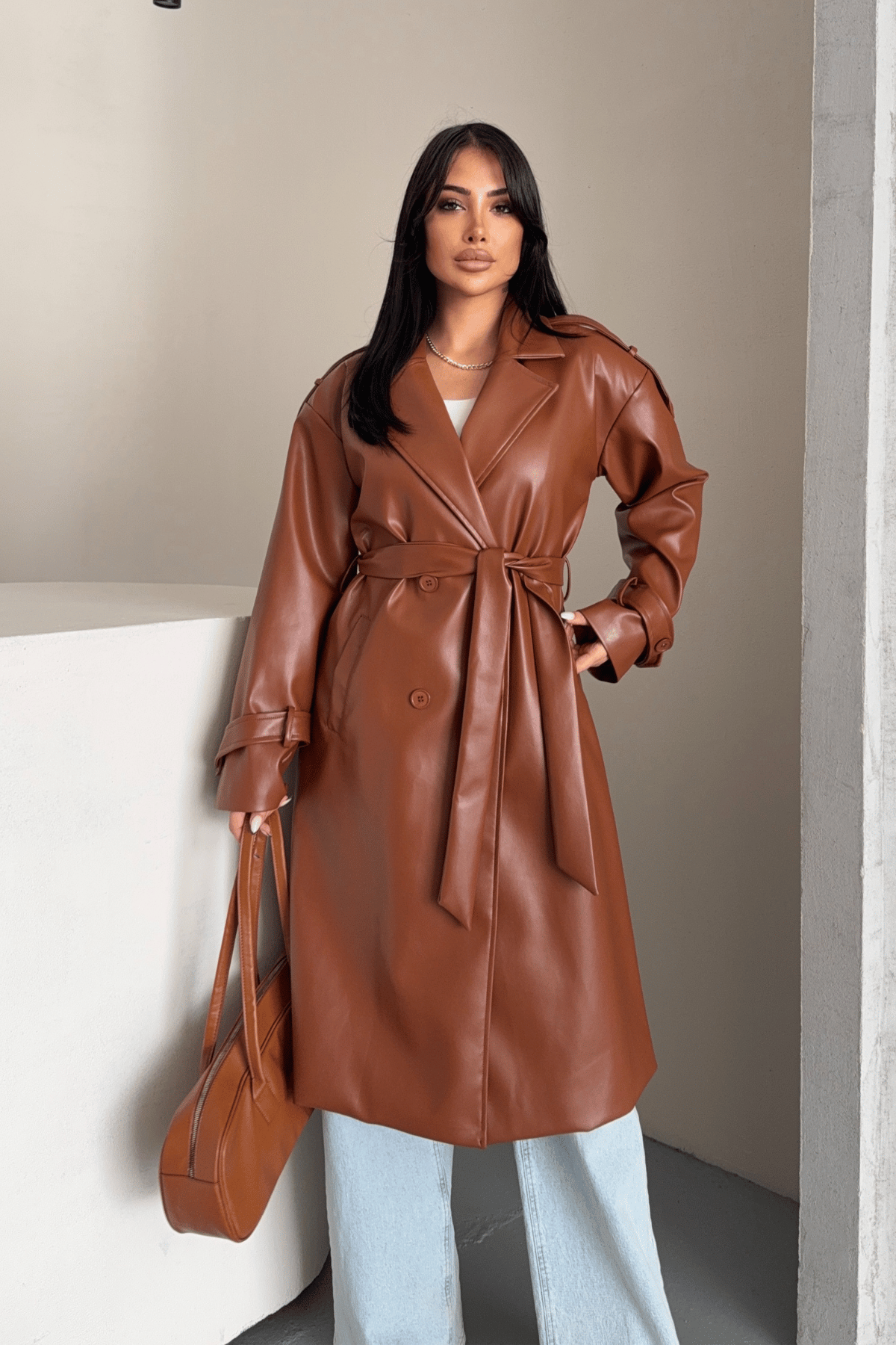 Suni Deri Kumaş Kısa Ceket - AÇIK KAHVE