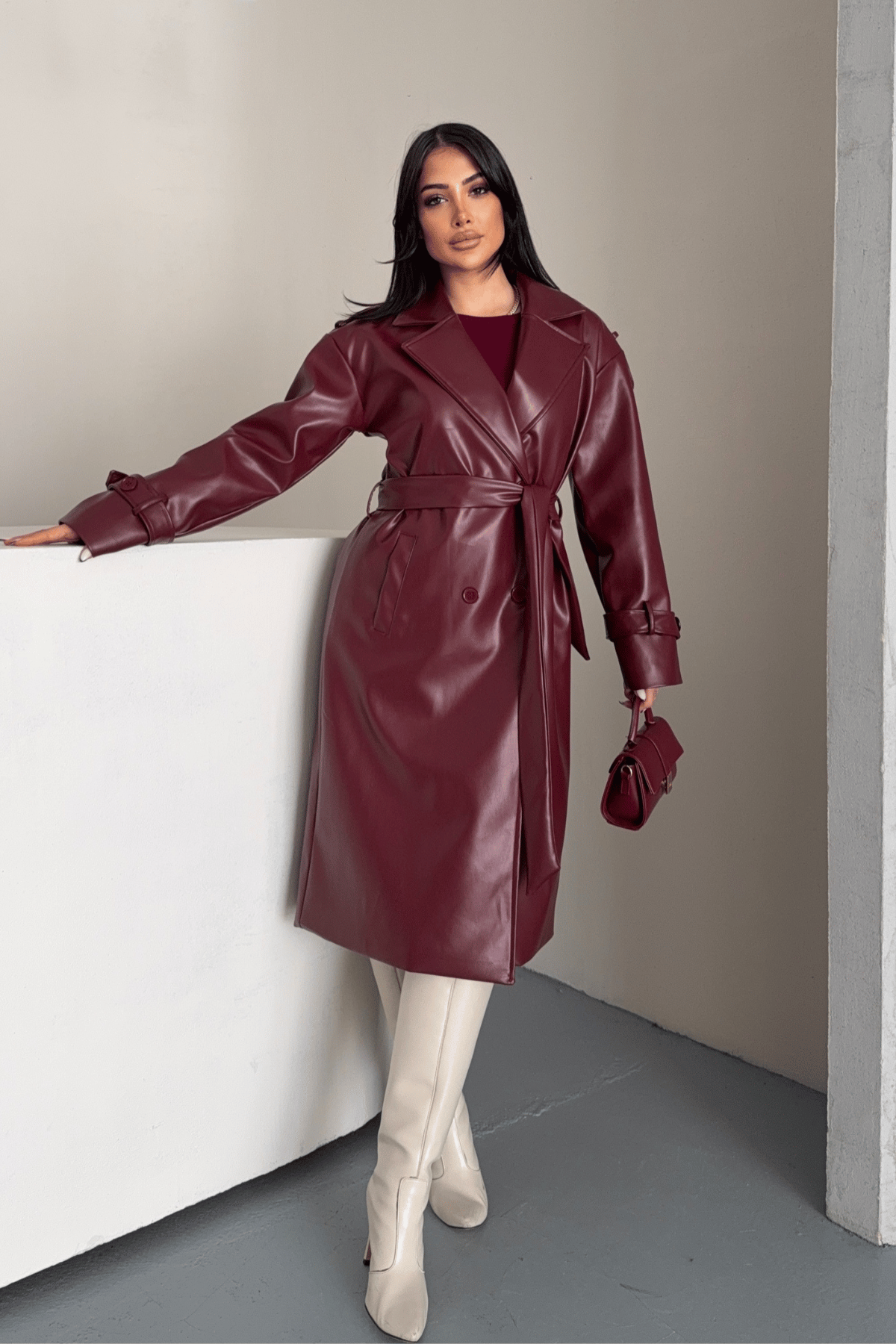 Suni Deri Kumaş Kısa Ceket - BORDO