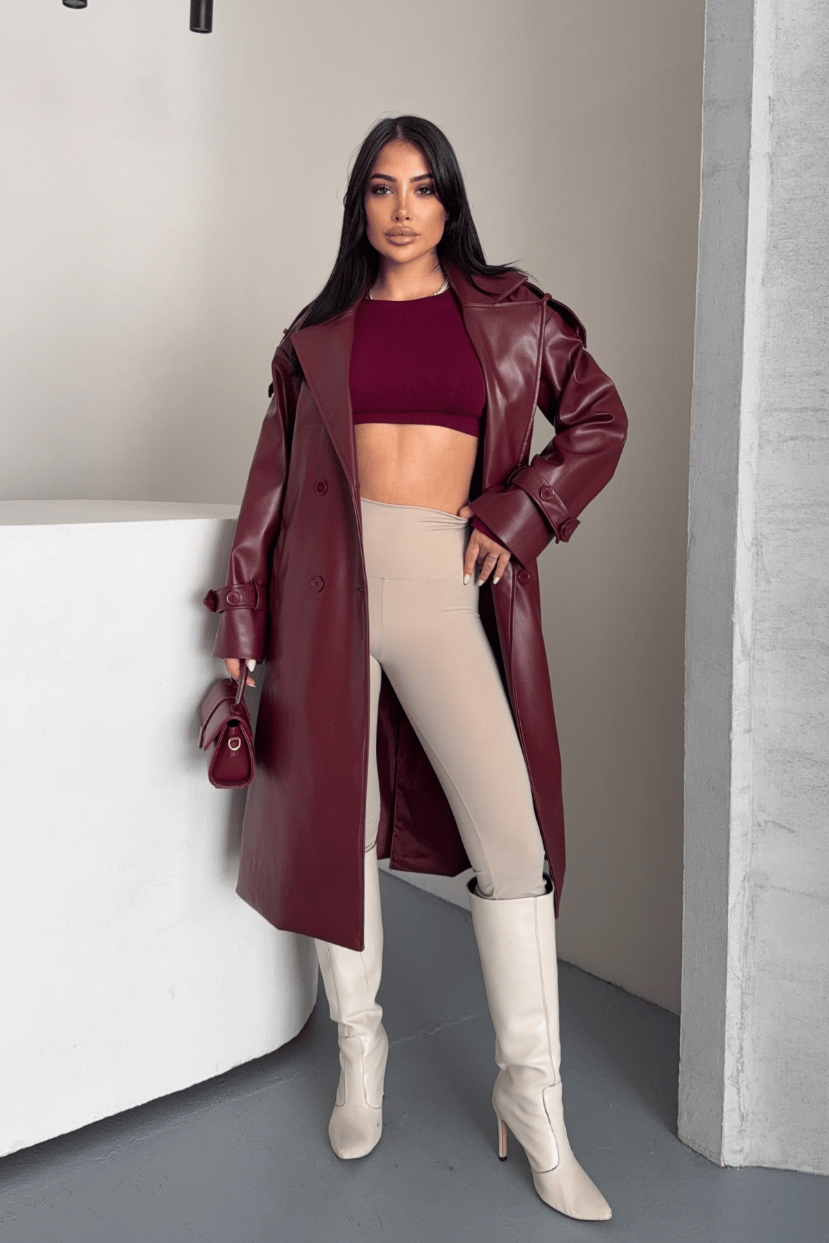 Suni Deri Kumaş Kısa Ceket - BORDO