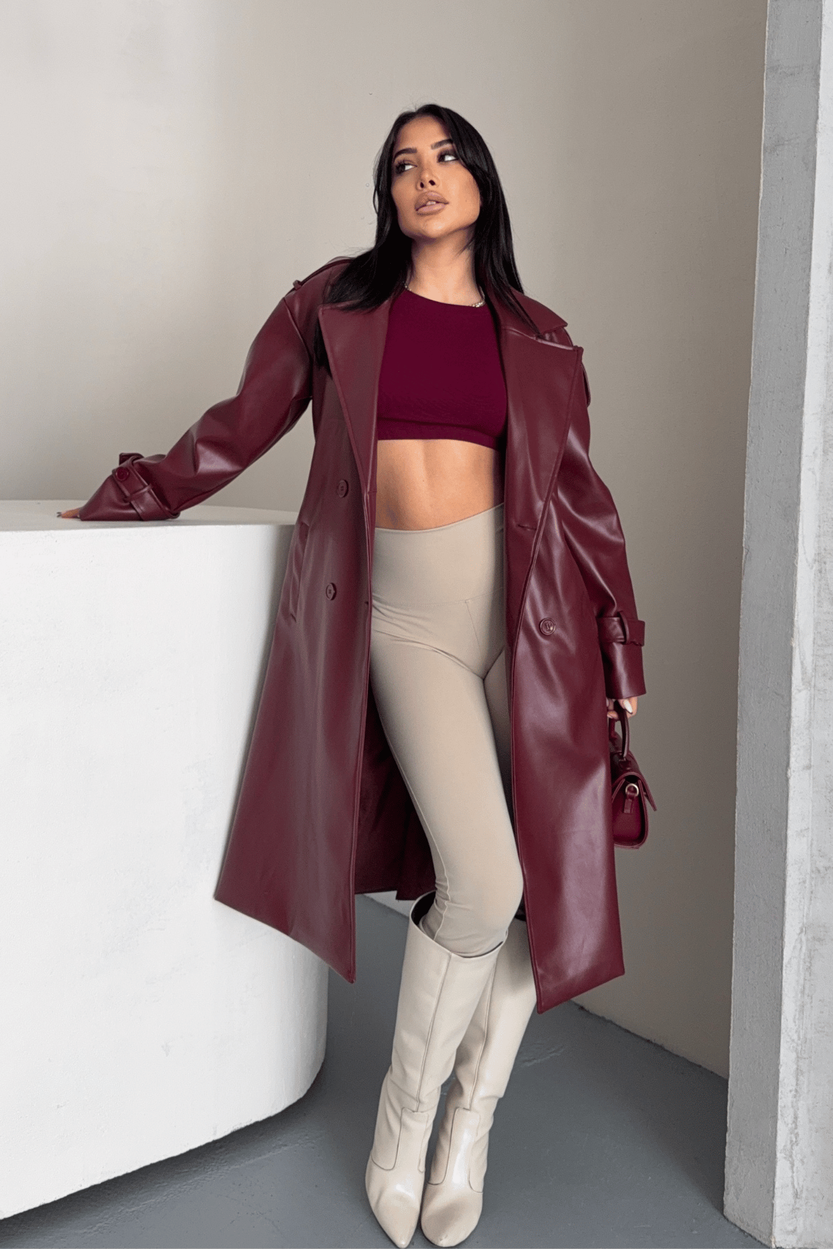 Suni Deri Kumaş Kısa Ceket - BORDO