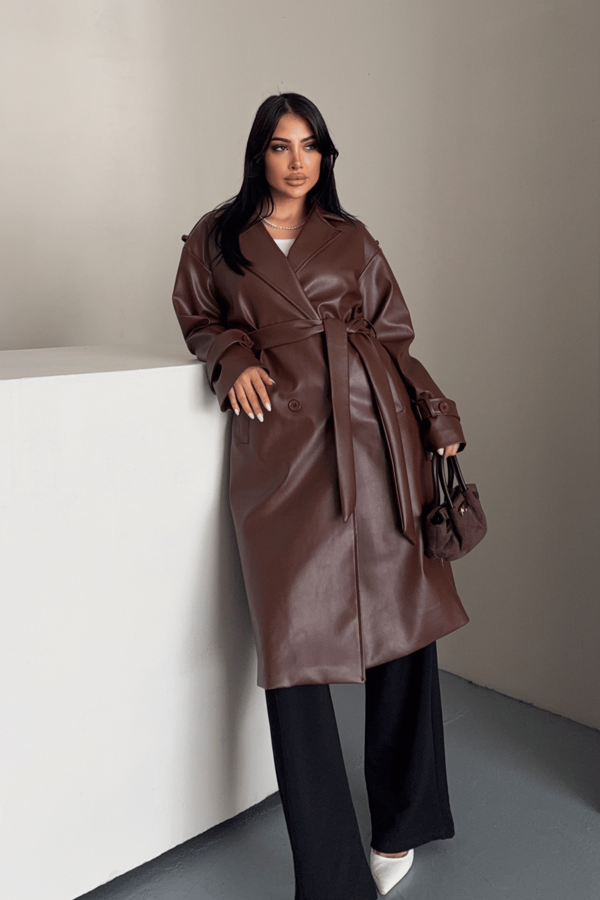 Suni Deri Kumaş Kısa Ceket - KOYU KAHVE