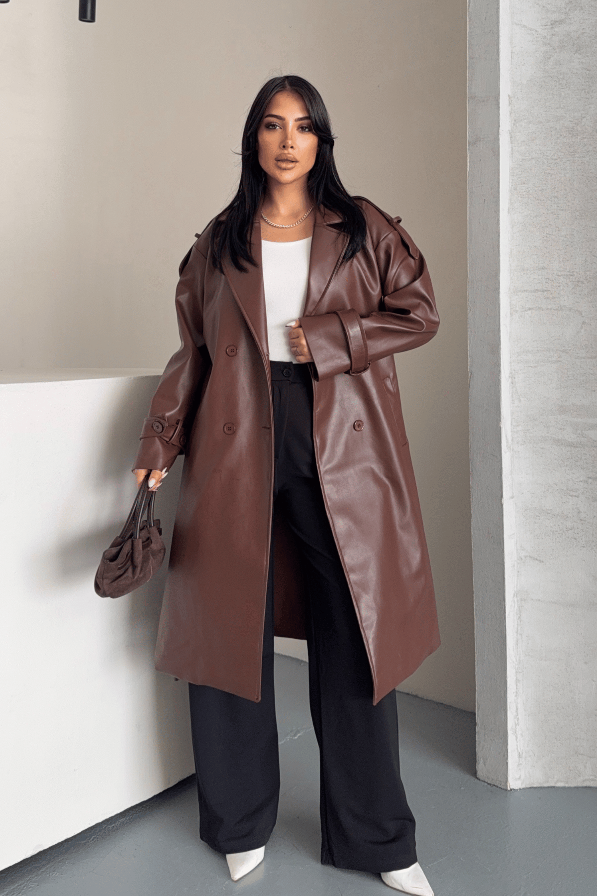 Suni Deri Kumaş Kısa Ceket - KOYU KAHVE